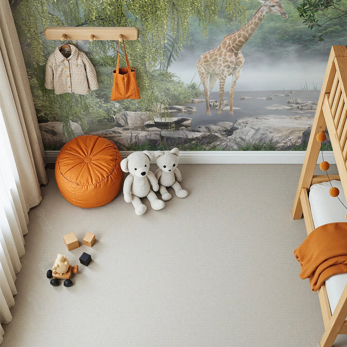 Top-down view of Whimsy Tots' Misty River Giraffes Wall Mural (Turn Their Room into a Mysterious, Foggy Safari).Gender-Neutral