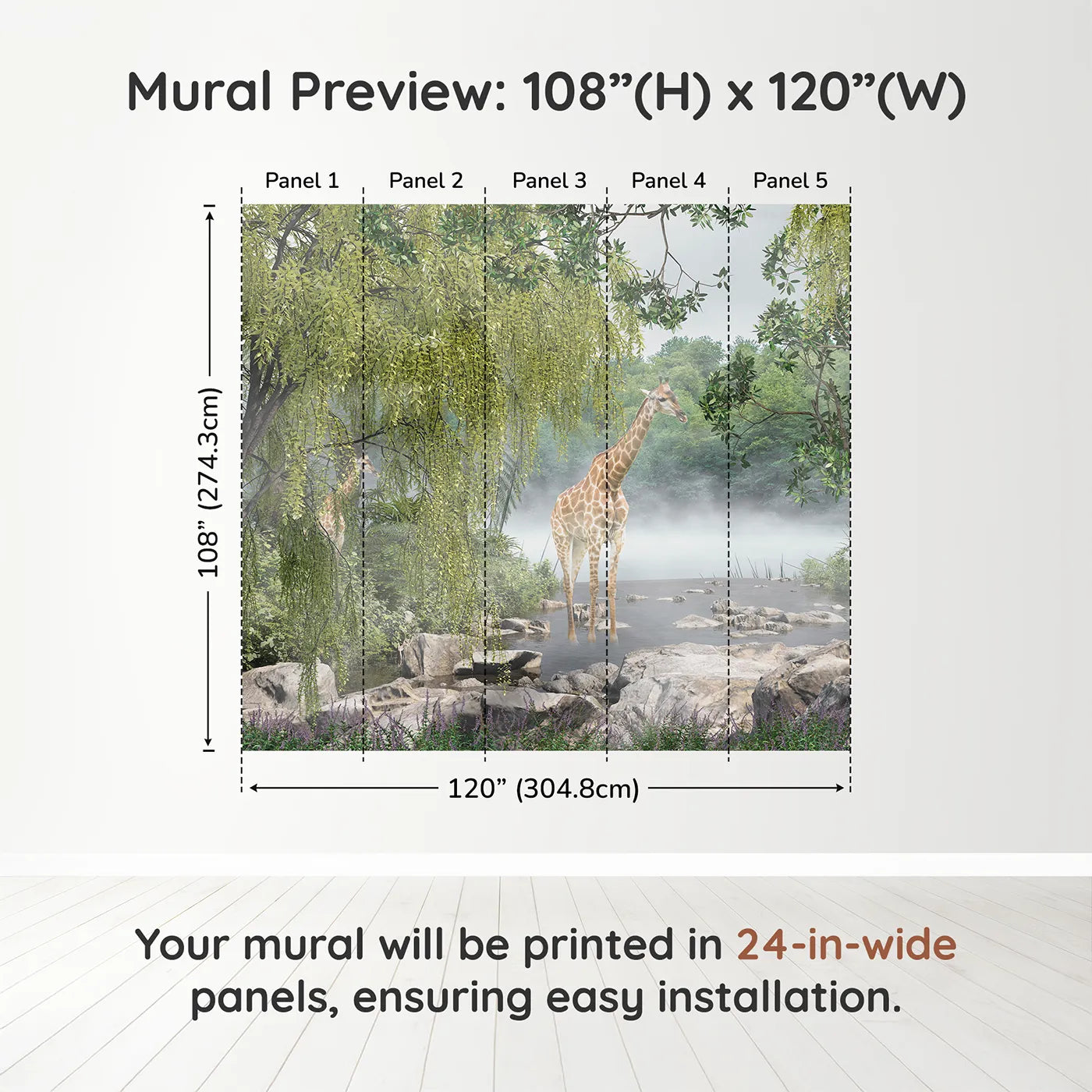 Whimsy Tots Misty River Giraffes Wall Muraldimension view (108" H x 120" W). Printed in five 24-inch-wide panels. Gender-Neutral