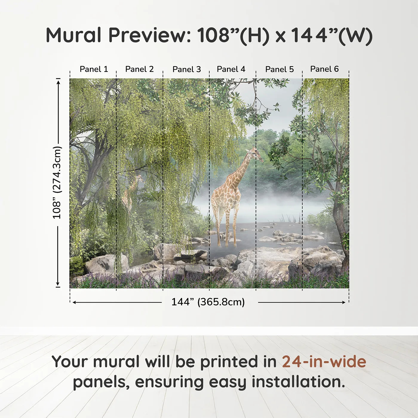 Whimsy Tots Misty River Giraffes Wall Muraldimension view (108" H x 144" W). Printed in six 24-inch-wide panels. Gender-Neutral