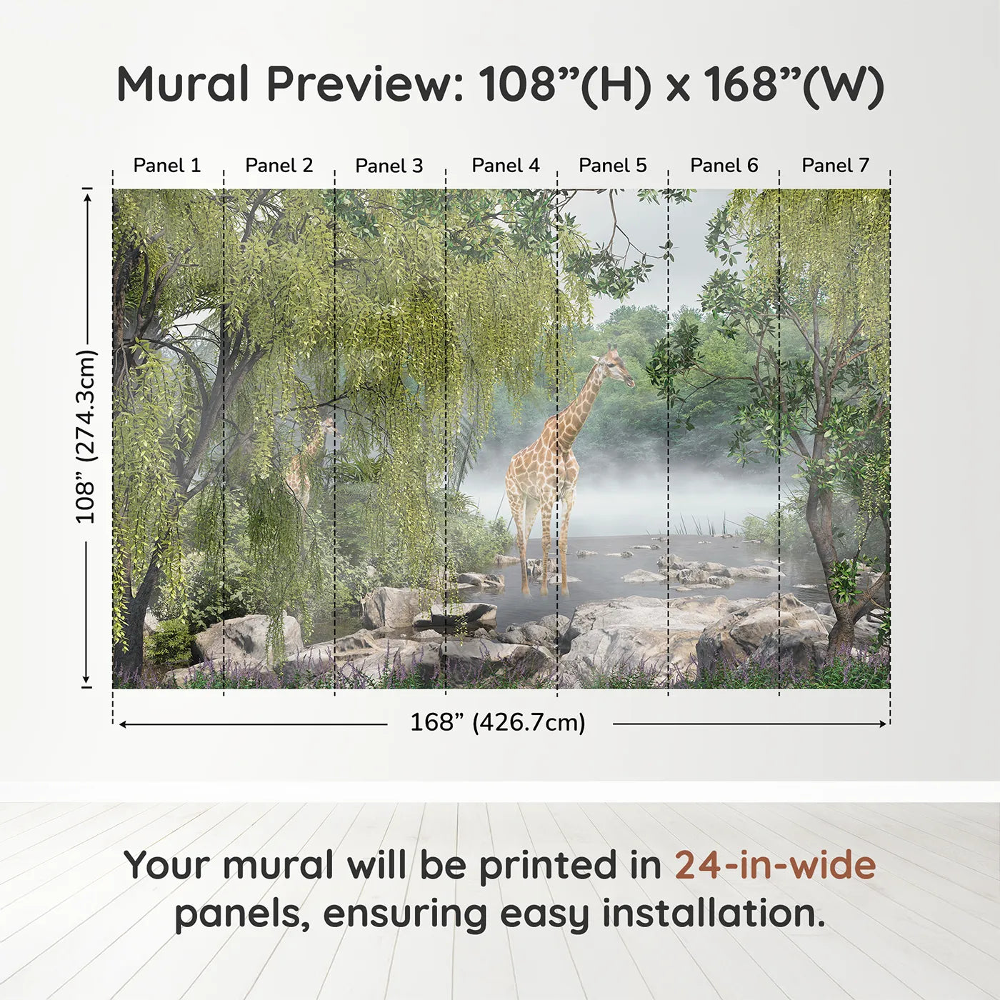 Whimsy Tots Misty River Giraffes Wall Muraldimension view (108" H x 168" W). Printed in seven 24-inch-wide panels. Gender-Neutral