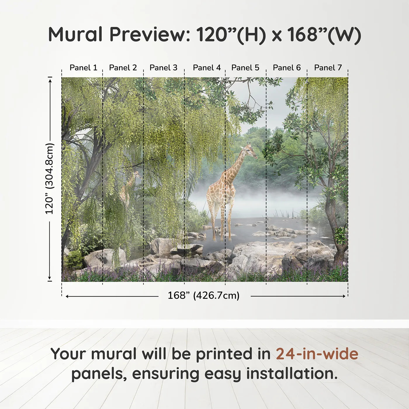 Whimsy Tots Misty River Giraffes Wall Muraldimension view (120" H x 168" W). Printed in seven 24-inch-wide panels. Gender-Neutral
