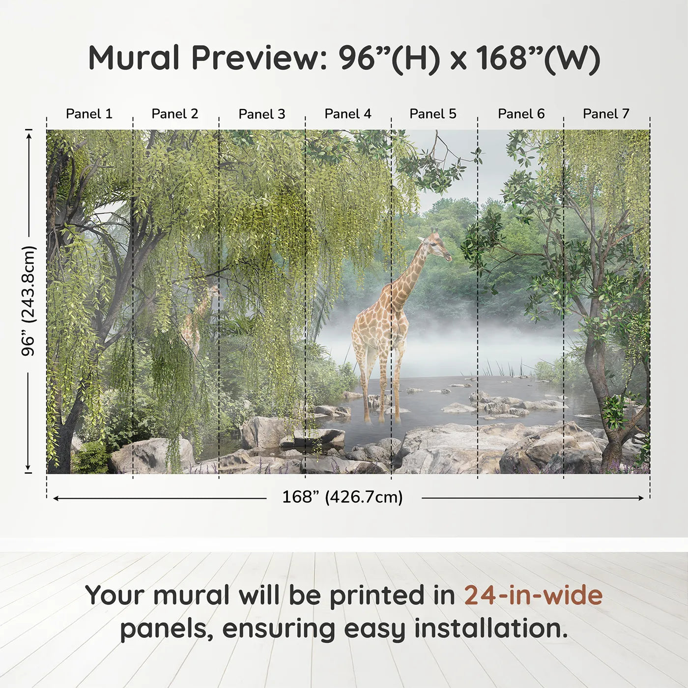 Whimsy Tots Misty River Giraffes Wall Muraldimension view (96" H x 168" W). Printed in seven 24-inch-wide panels. Gender-Neutral