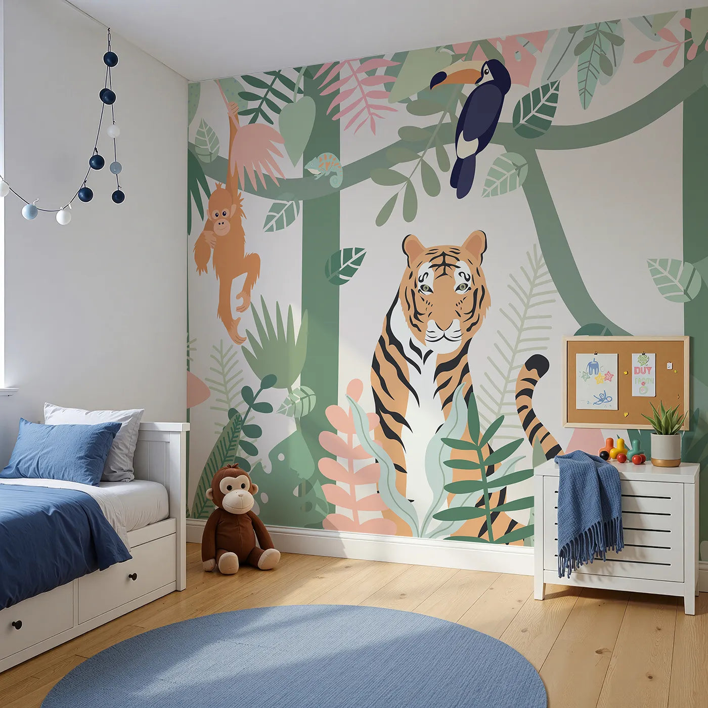 Angled view of Whimsy Tots' Pastel Jungle Friends Wall Mural (Turn Their Room into the Sweetest, Most Stylish Jungle).Gender-Neutral