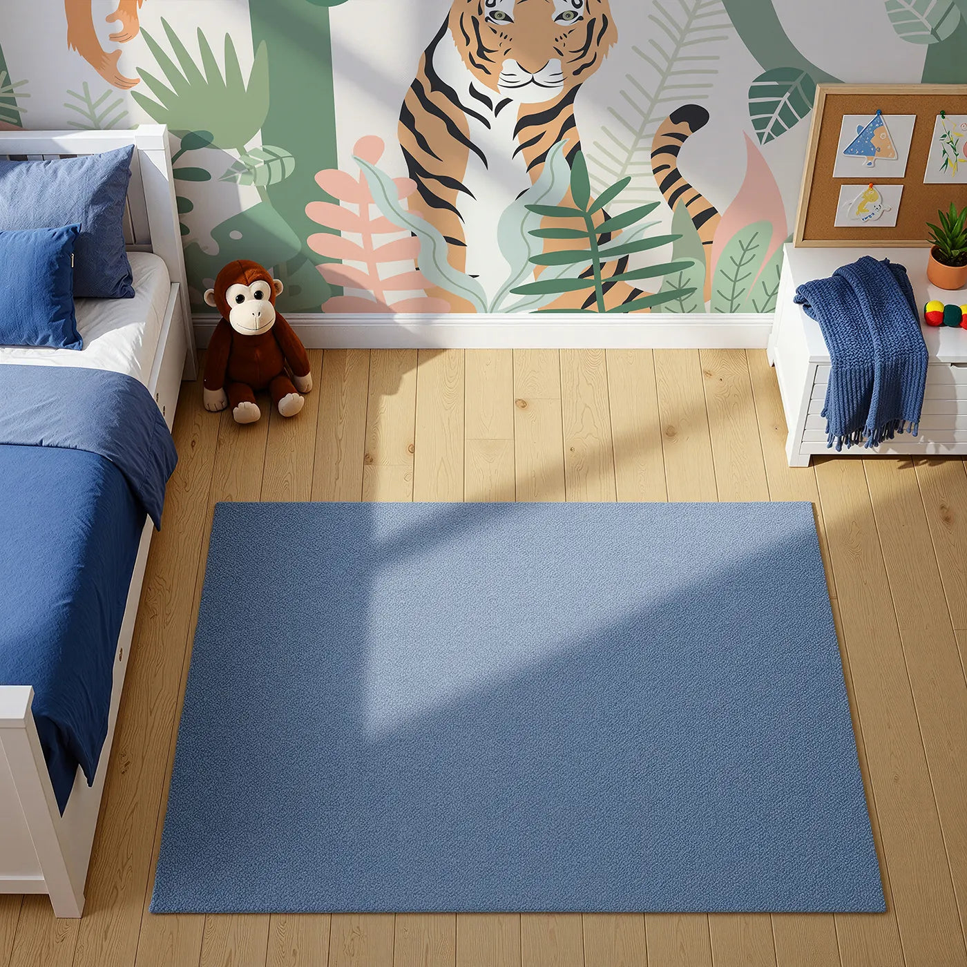 Top-down view of Whimsy Tots' Pastel Jungle Friends Wall Mural (Turn Their Room into the Sweetest, Most Stylish Jungle).Gender-Neutral