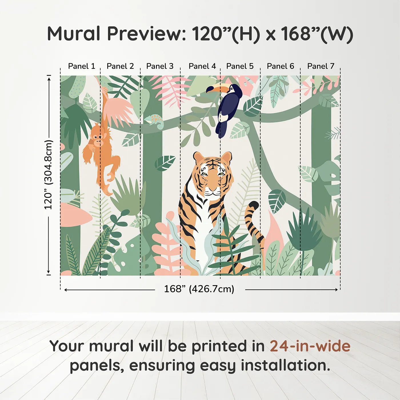 Whimsy Tots Pastel Jungle Friends Wall Muraldimension view (120" H x 168" W). Printed in seven 24-inch-wide panels. Gender-Neutral