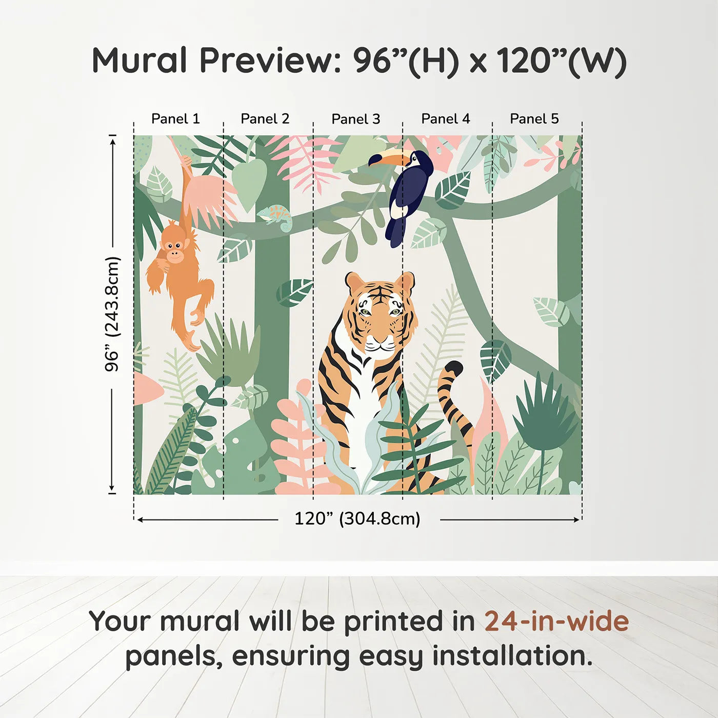 Whimsy Tots Pastel Jungle Friends Wall Muraldimension view (96" H x 120" W). Printed in five 24-inch-wide panels. Gender-Neutral