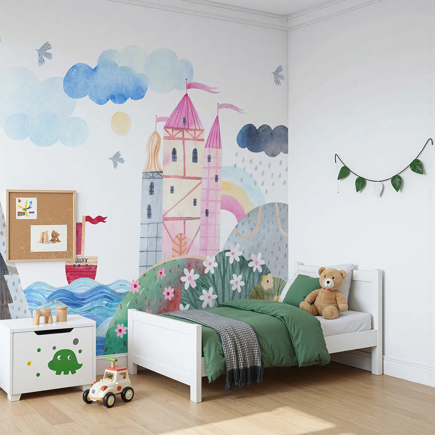 Angled view of Whimsy Tots' Lucky Ship Castle Wall Mural (Turn Their Room into a Whimsical Seaside Fairytale).Best for Girls