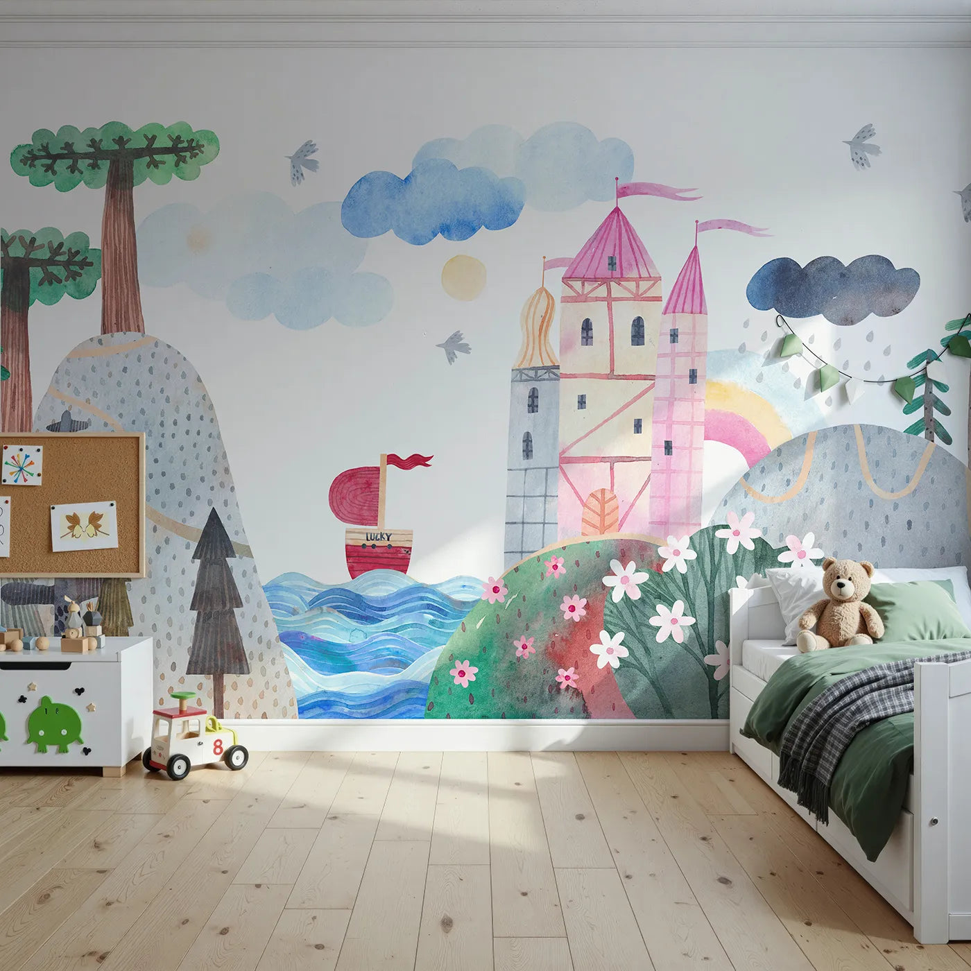 Front view of Whimsy Tots' Lucky Ship Castle Wall Mural