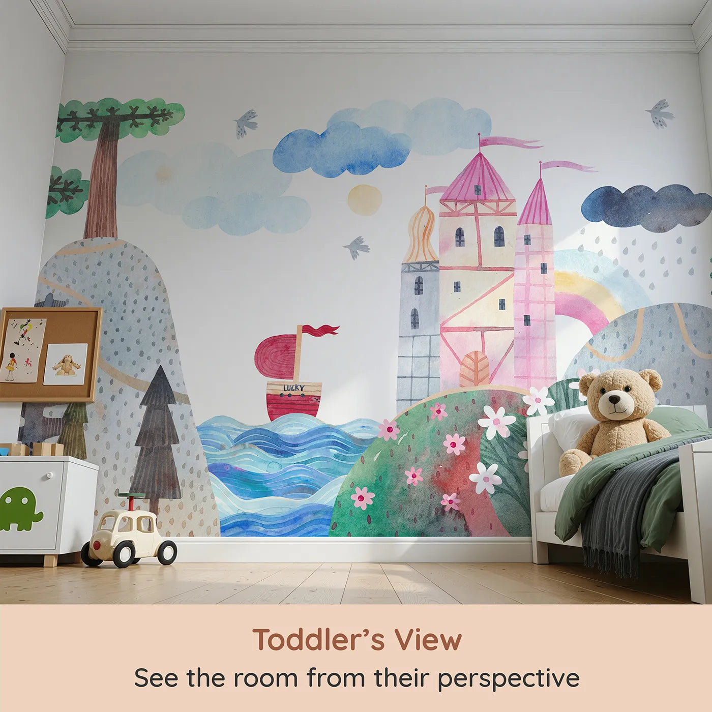 Whimsy Tots Lucky Ship Castle Wall Mural (Turn Their Room into a Whimsical Seaside Fairytale) from your child's view.Best for Girls