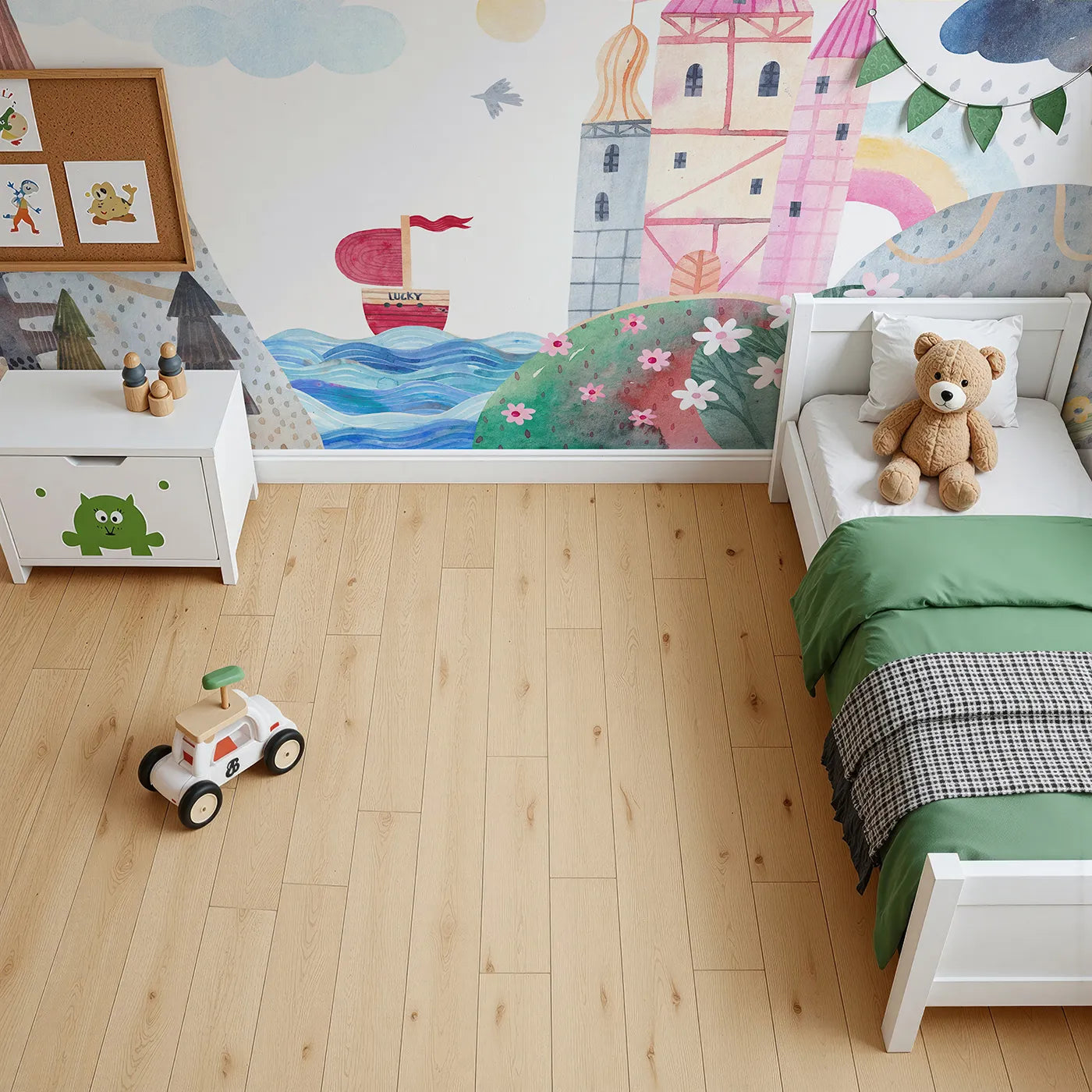 Top-down view of Whimsy Tots' Lucky Ship Castle Wall Mural (Turn Their Room into a Whimsical Seaside Fairytale).Best for Girls