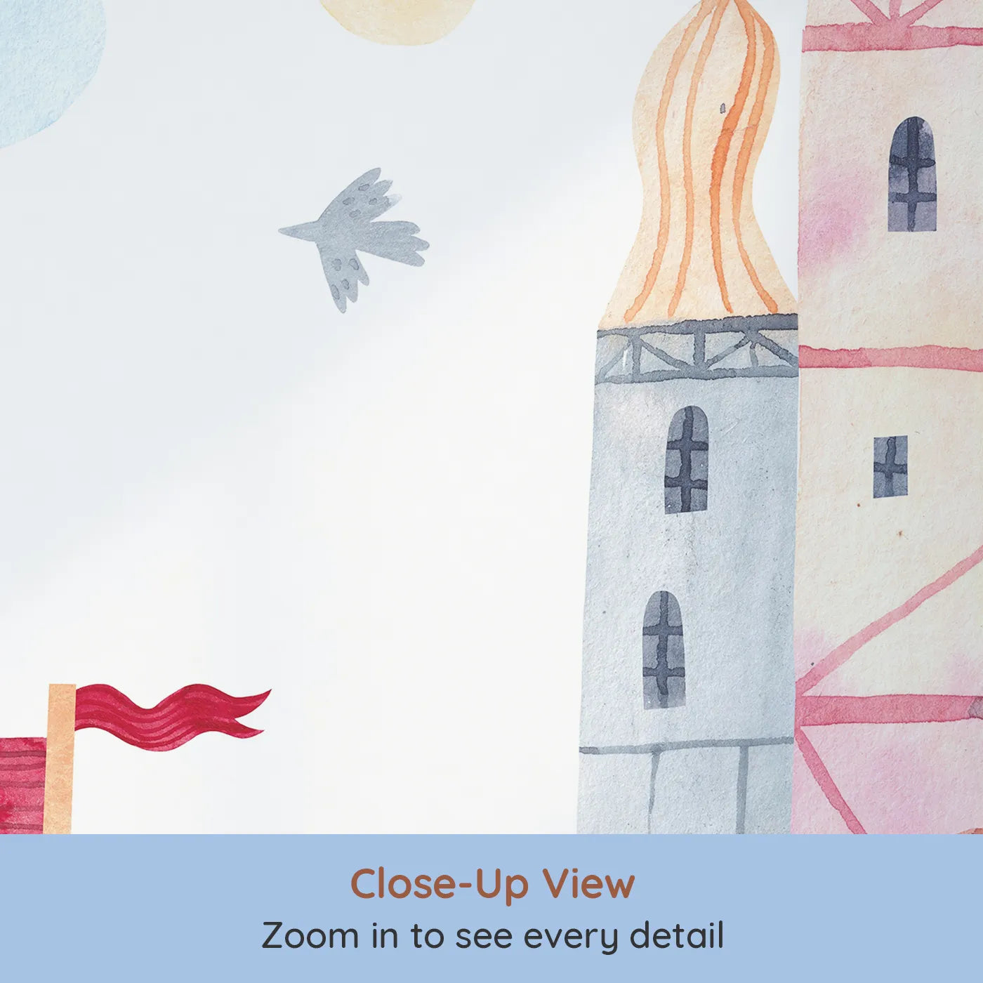Close-up view of Whimsy Tots' Lucky Ship Castle Wall Mural (Turn Their Room into a Whimsical Seaside Fairytale).Best for Girls