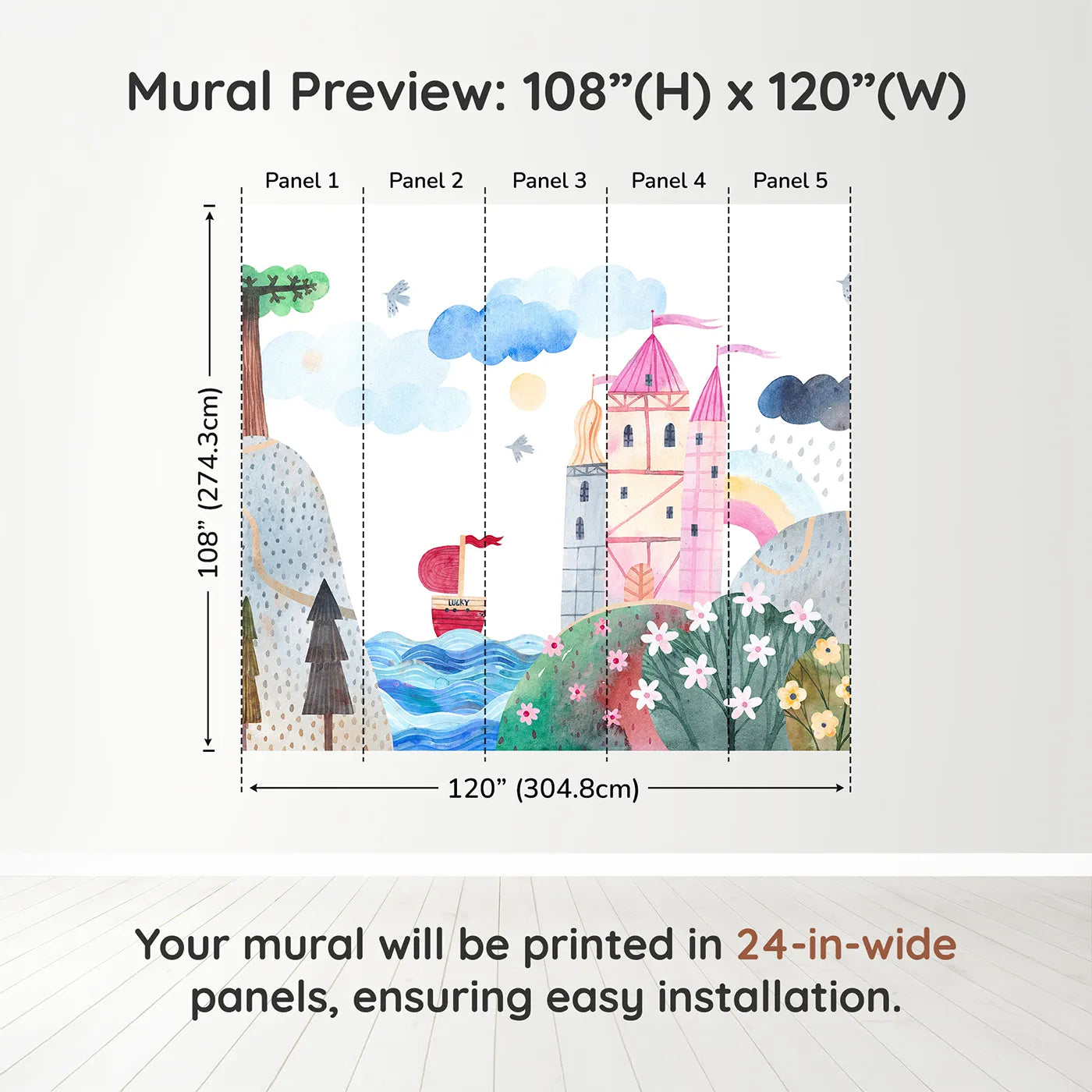 Whimsy Tots Lucky Ship Castle Wall Muraldimension view (108" H x 120" W). Printed in five 24-inch-wide panels. Best for Girls
