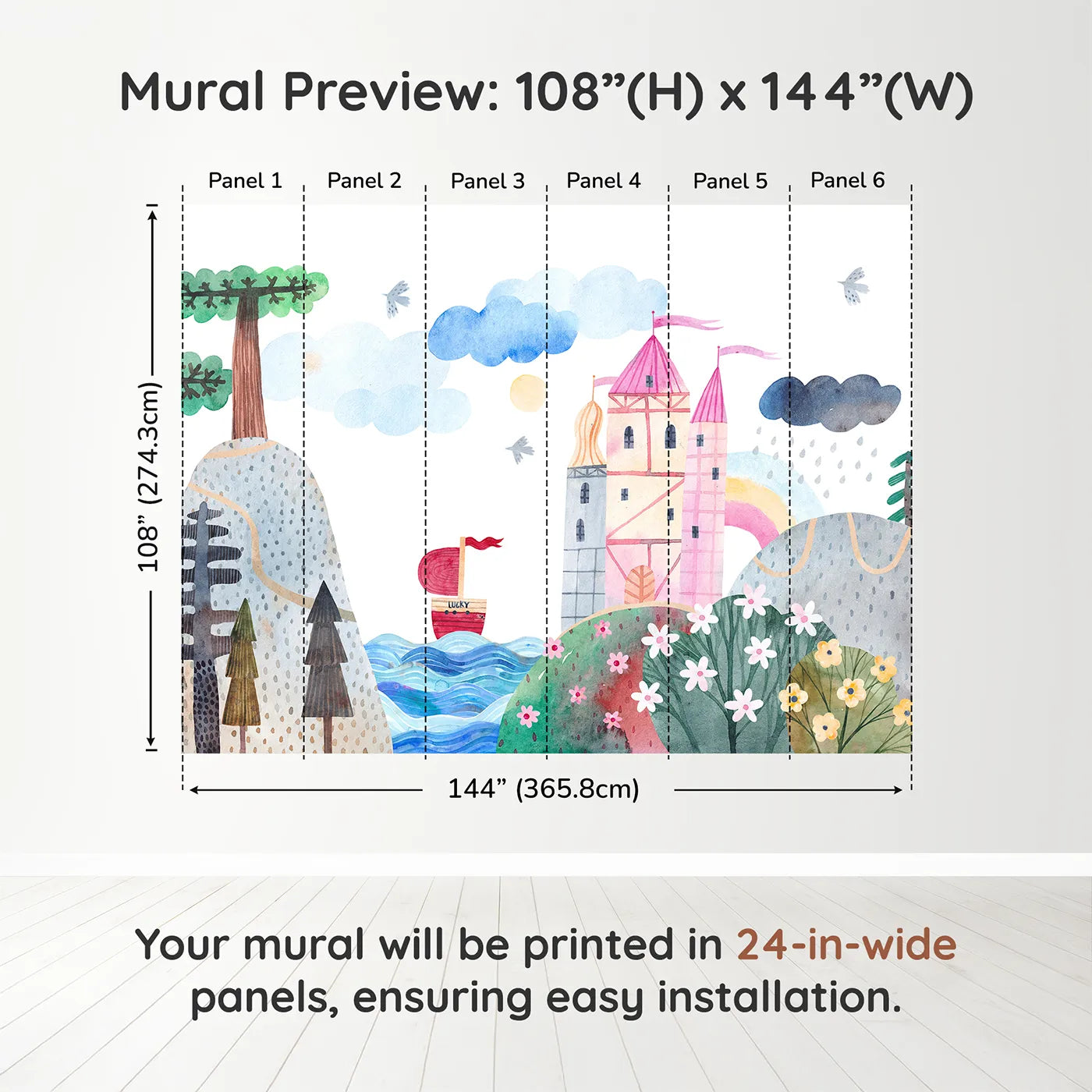 Whimsy Tots Lucky Ship Castle Wall Muraldimension view (108" H x 144" W). Printed in six 24-inch-wide panels. Best for Girls