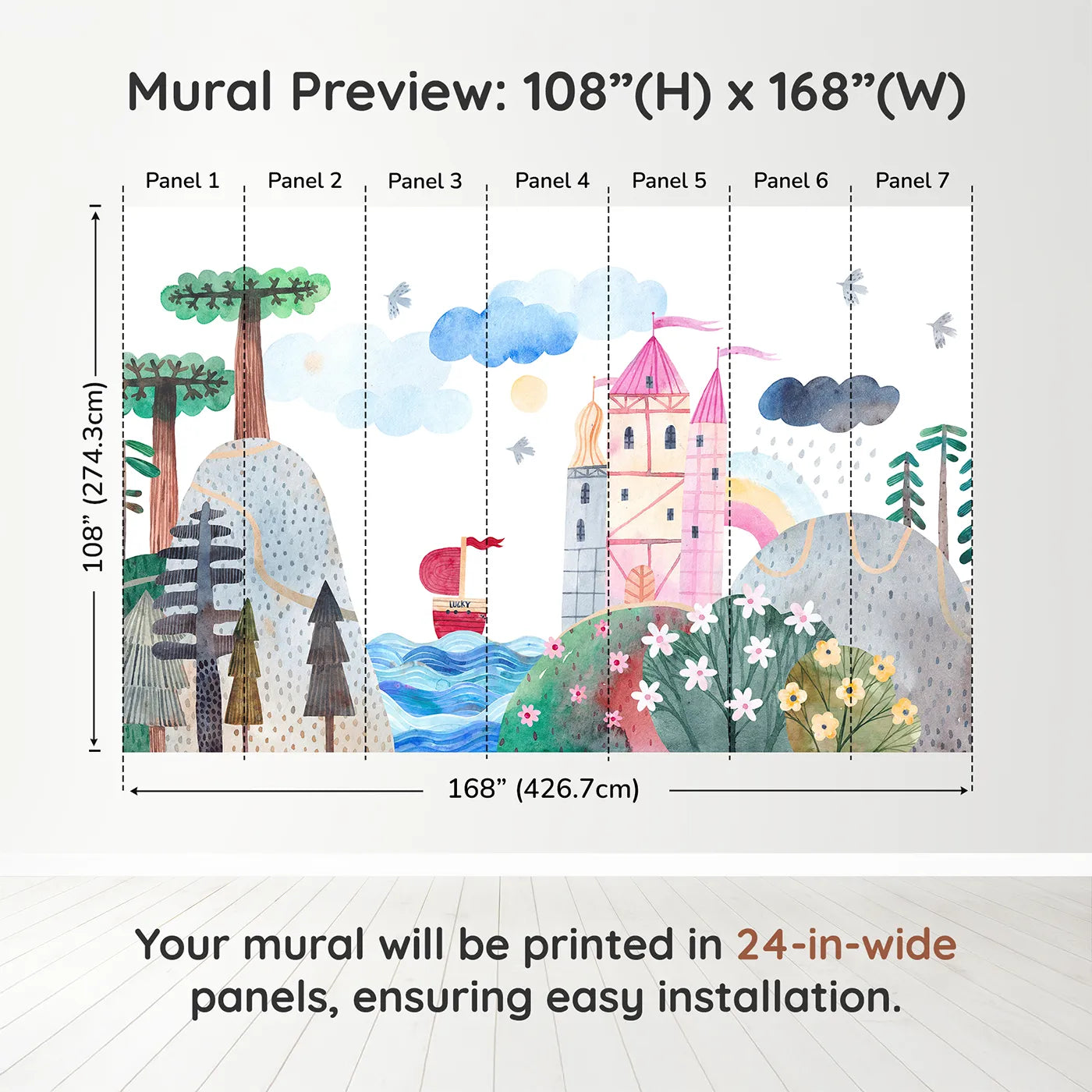 Whimsy Tots Lucky Ship Castle Wall Muraldimension view (108" H x 168" W). Printed in seven 24-inch-wide panels. Best for Girls