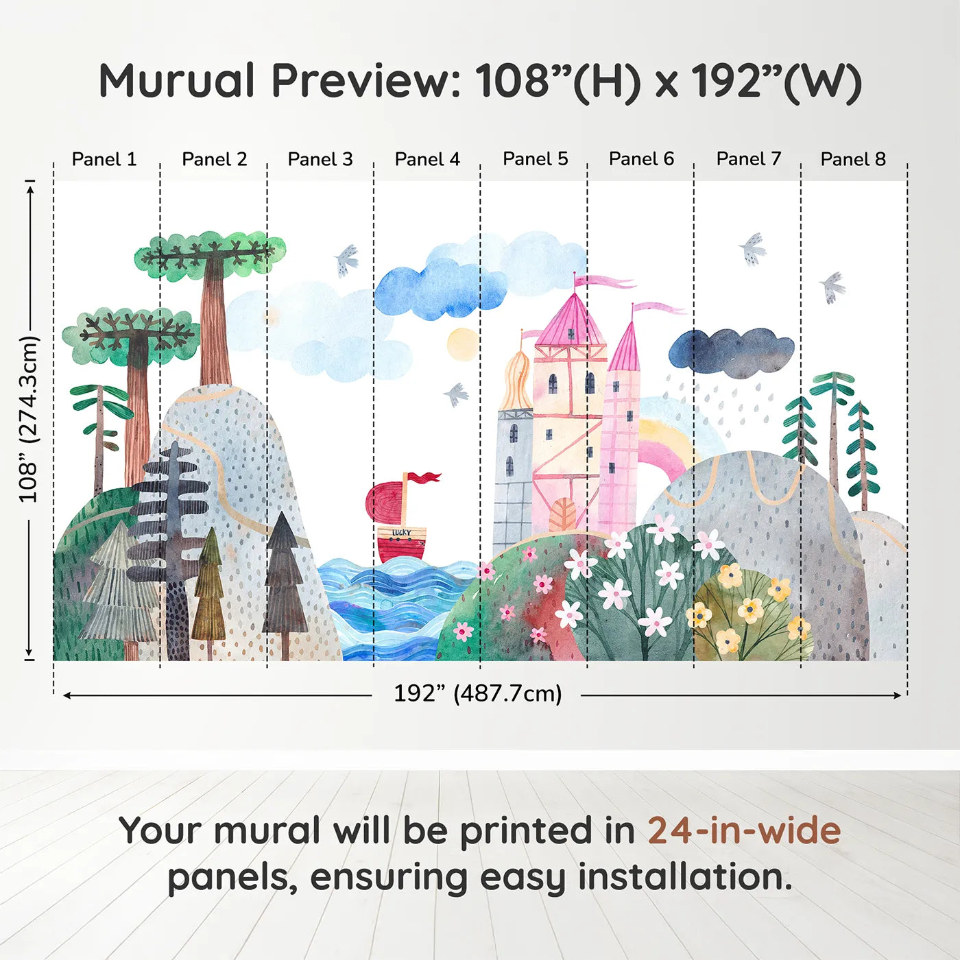 Whimsy Tots Lucky Ship Castle Wall Muraldimension view (108" H x 192" W). Printed in eight 24-inch-wide panels. Best for Girls