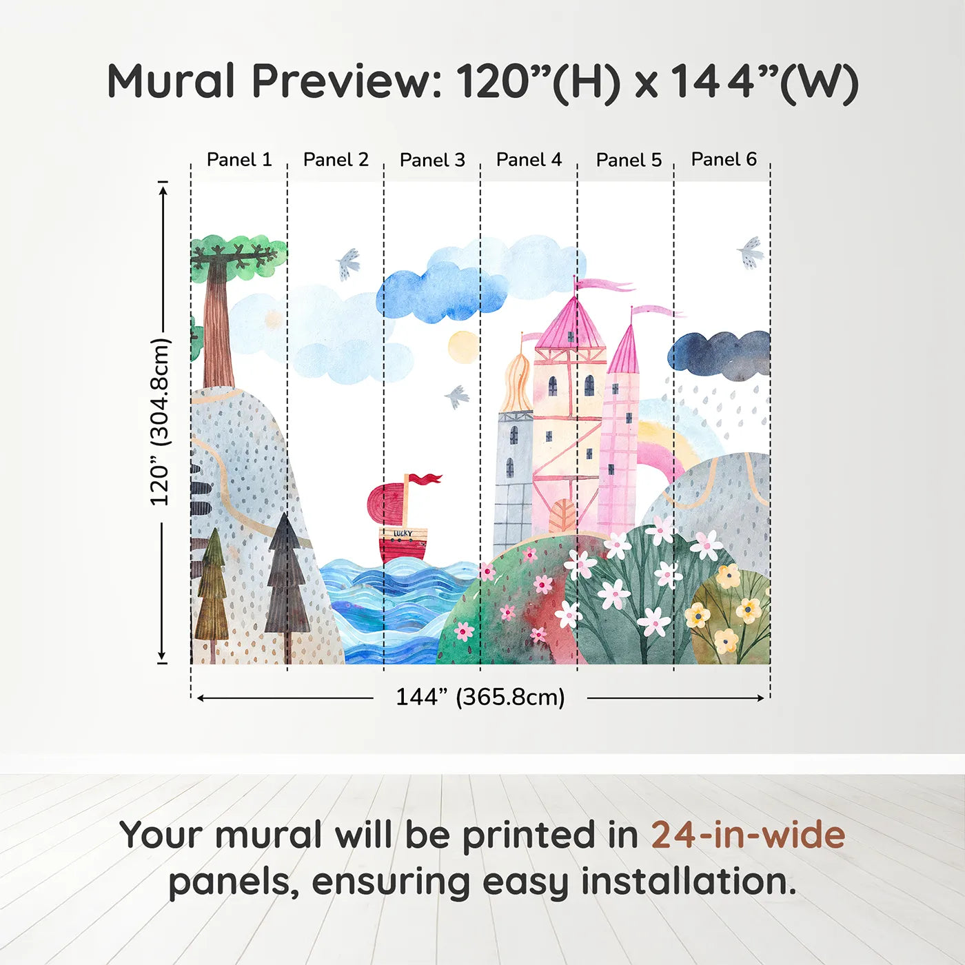Whimsy Tots Lucky Ship Castle Wall Muraldimension view (120" H x 144" W). Printed in six 24-inch-wide panels. Best for Girls