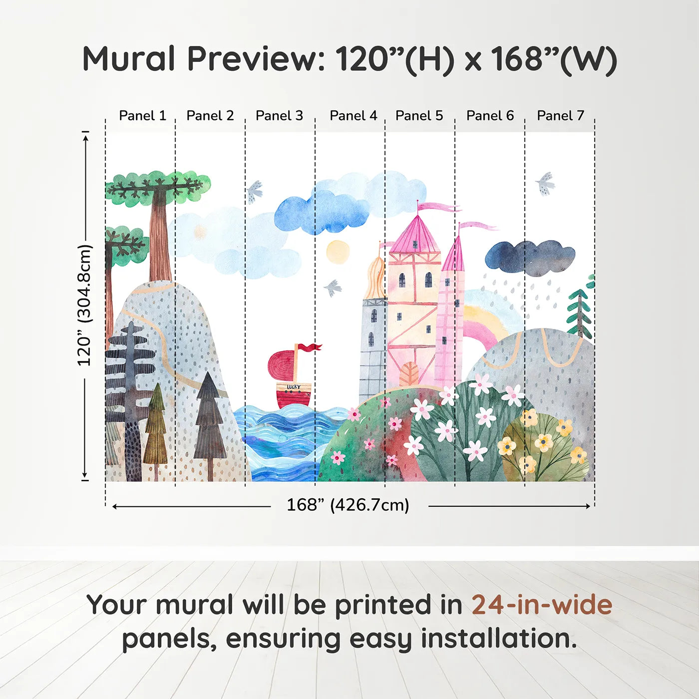 Whimsy Tots Lucky Ship Castle Wall Muraldimension view (120" H x 168" W). Printed in seven 24-inch-wide panels. Best for Girls