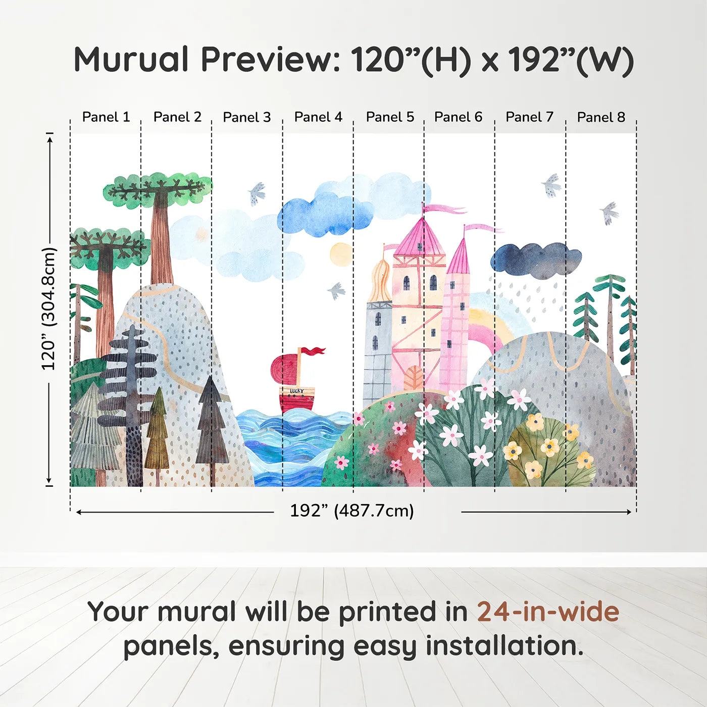 Whimsy Tots Lucky Ship Castle Wall Muraldimension view (120" H x 192" W). Printed in eight 24-inch-wide panels. Best for Girls