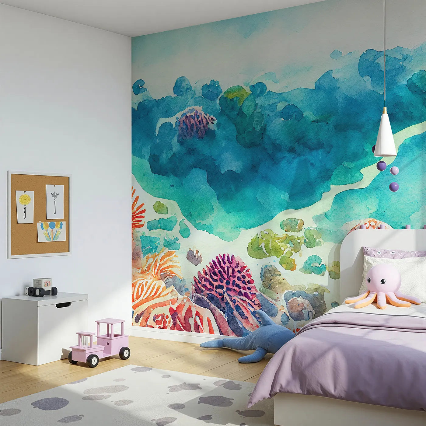 Angled view of Whimsy Tots' Abstract Coral Reef Wall Mural (Turn Their Room into a Vibrant, Underwater Painting).Gender-Neutral