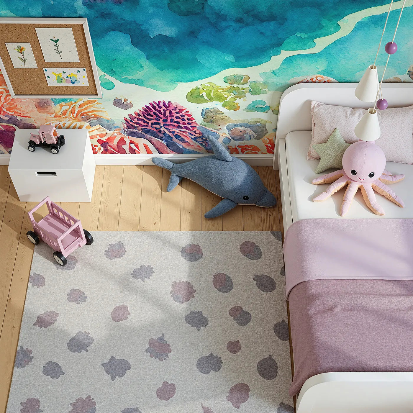 Top-down view of Whimsy Tots' Abstract Coral Reef Wall Mural (Turn Their Room into a Vibrant, Underwater Painting).Gender-Neutral