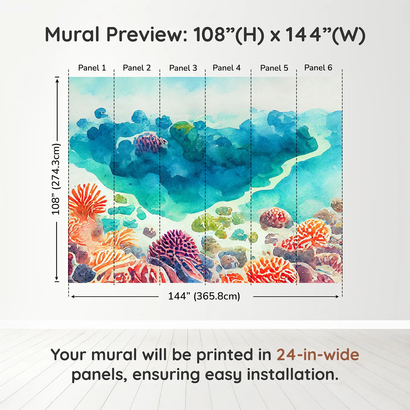 Whimsy Tots Abstract Coral Reef Wall Muraldimension view (108" H x 144" W). Printed in six 24-inch-wide panels. Gender-Neutral