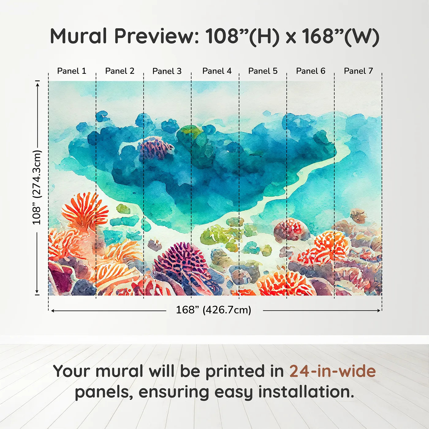 Whimsy Tots Abstract Coral Reef Wall Muraldimension view (108" H x 168" W). Printed in seven 24-inch-wide panels. Gender-Neutral