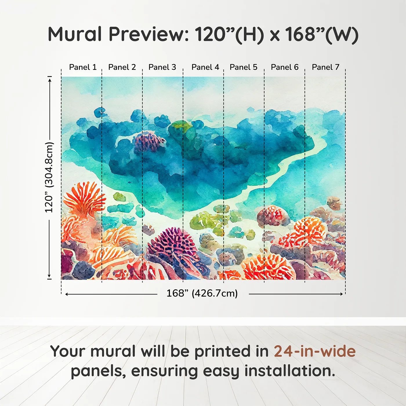 Whimsy Tots Abstract Coral Reef Wall Muraldimension view (120" H x 168" W). Printed in seven 24-inch-wide panels. Gender-Neutral