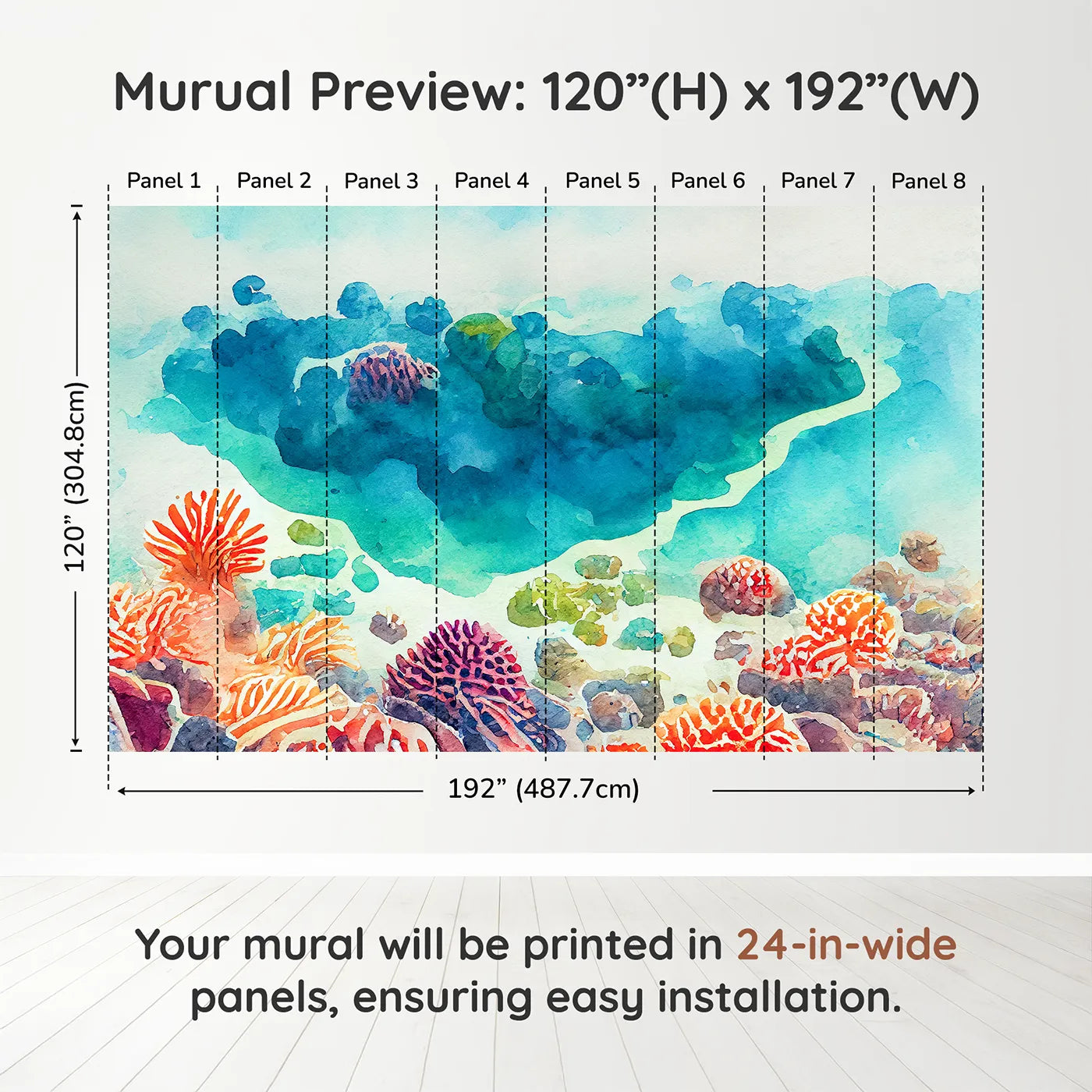 Whimsy Tots Abstract Coral Reef Wall Muraldimension view (120" H x 192" W). Printed in eight 24-inch-wide panels. Gender-Neutral