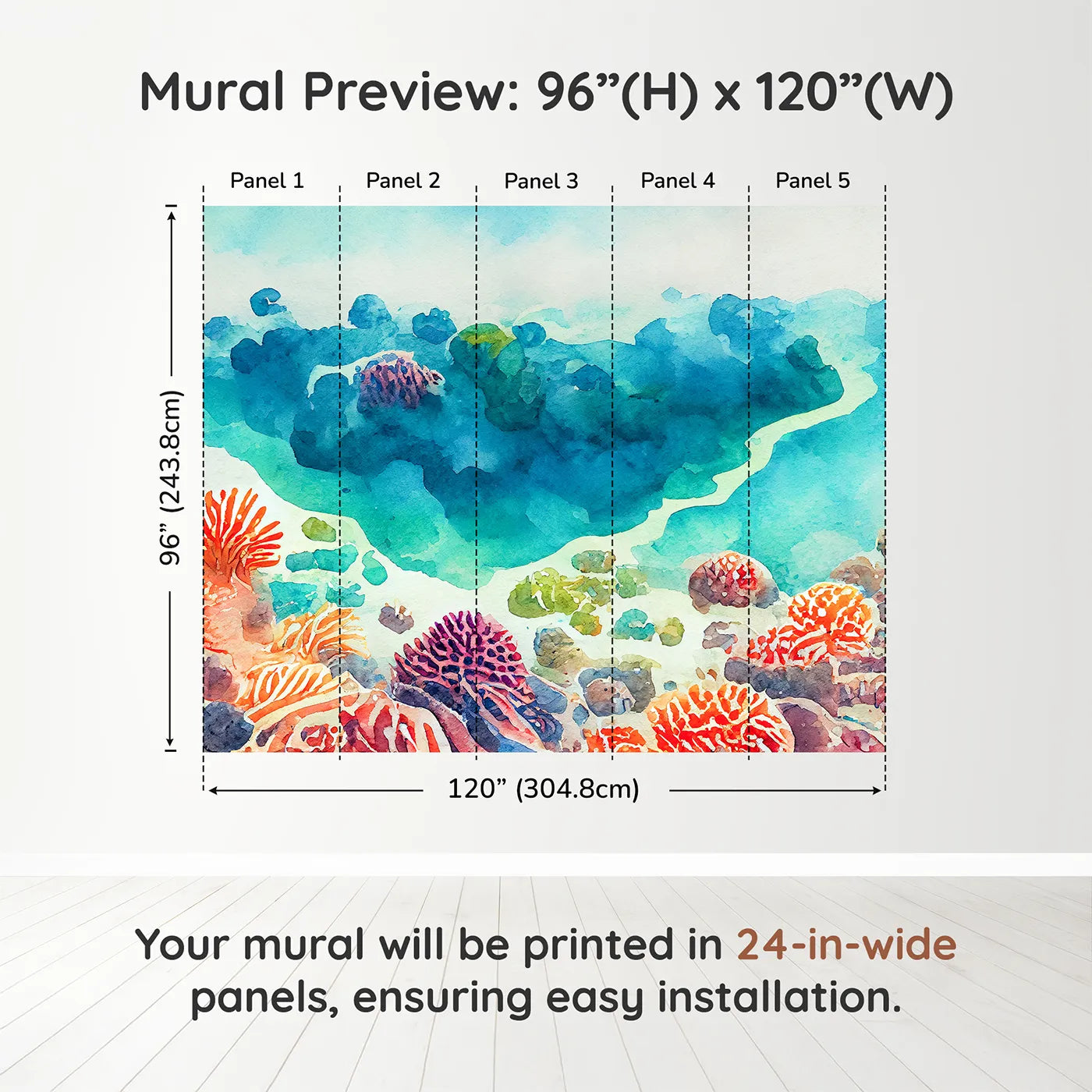Whimsy Tots Abstract Coral Reef Wall Muraldimension view (96" H x 120" W). Printed in five 24-inch-wide panels. Gender-Neutral