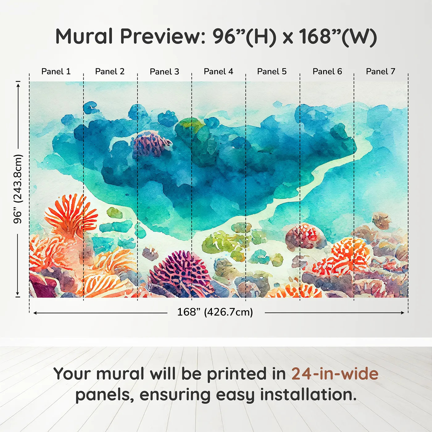 Whimsy Tots Abstract Coral Reef Wall Muraldimension view (96" H x 168" W). Printed in seven 24-inch-wide panels. Gender-Neutral