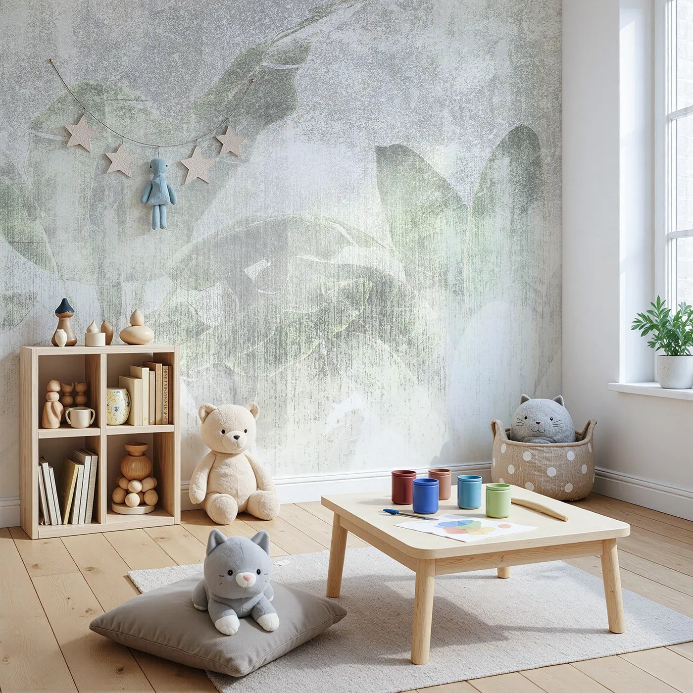 Angled view of Whimsy Tots' Faded Tropical Leaves Wall Mural (Turn Their Room into a Rustic, Sun-Bleached Jungle).Gender-Neutral