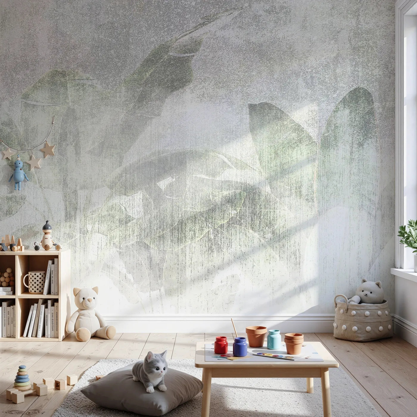 Front view of Whimsy Tots' Faded Tropical Leaves Wall Mural