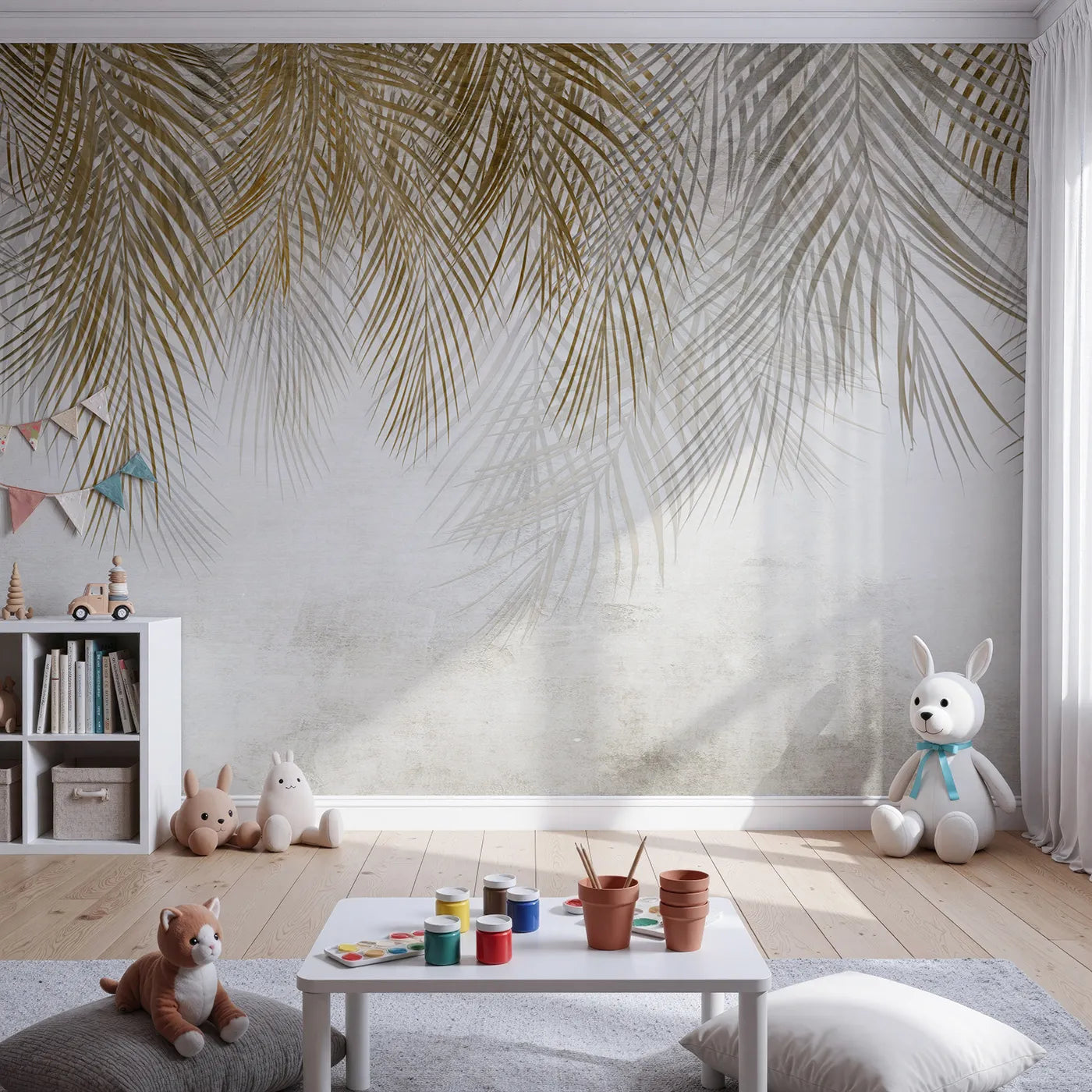 Front view of Whimsy Tots' Golden Palm Canopy Wall Mural