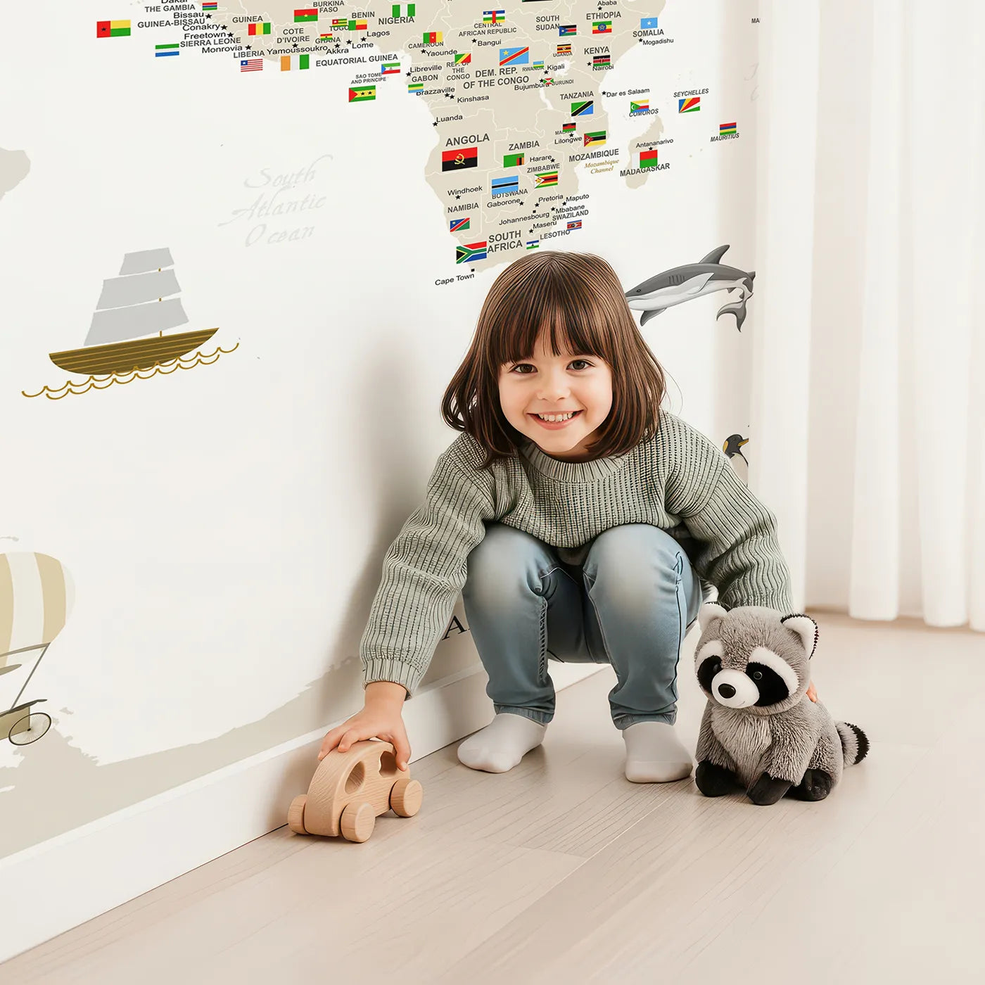 Child in front of Whimsy Tots Vintage World Explorer Map Wall Mural with map, world, vintage, flag, travel, airplane, balloon, sepia in design.