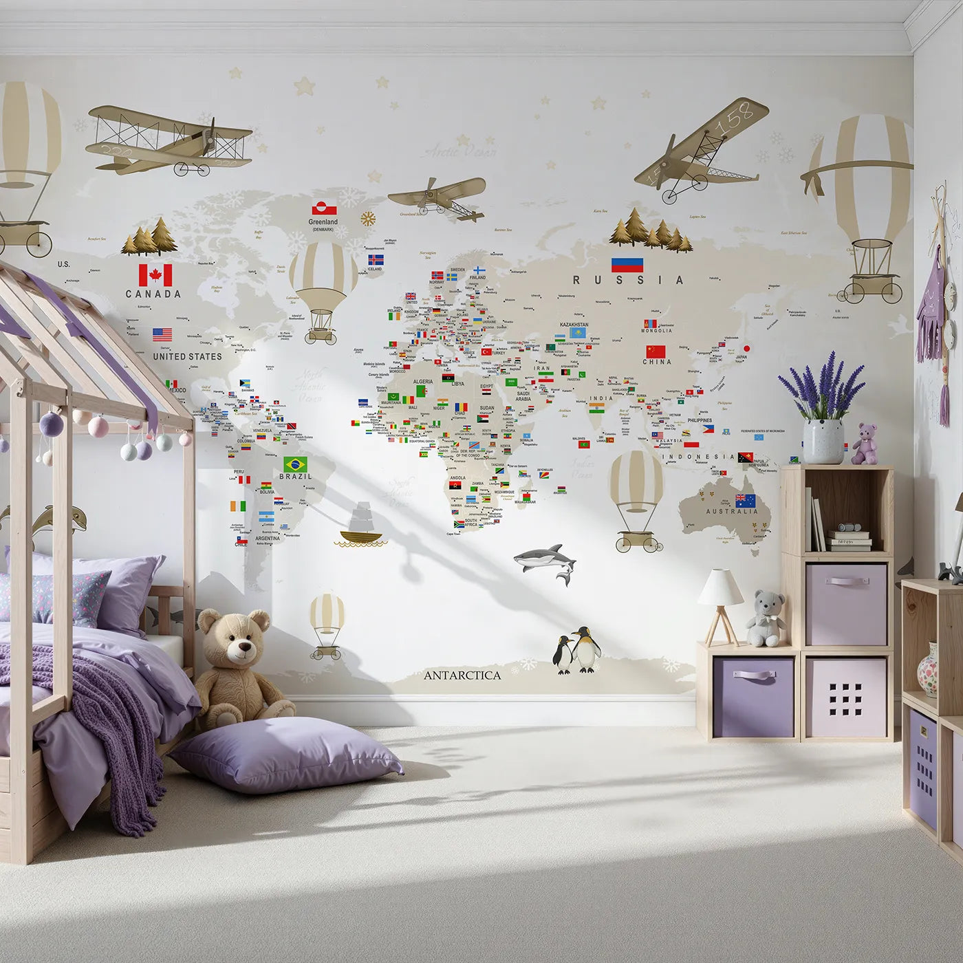 Front view of Whimsy Tots' Vintage World Explorer Map Wall Mural
