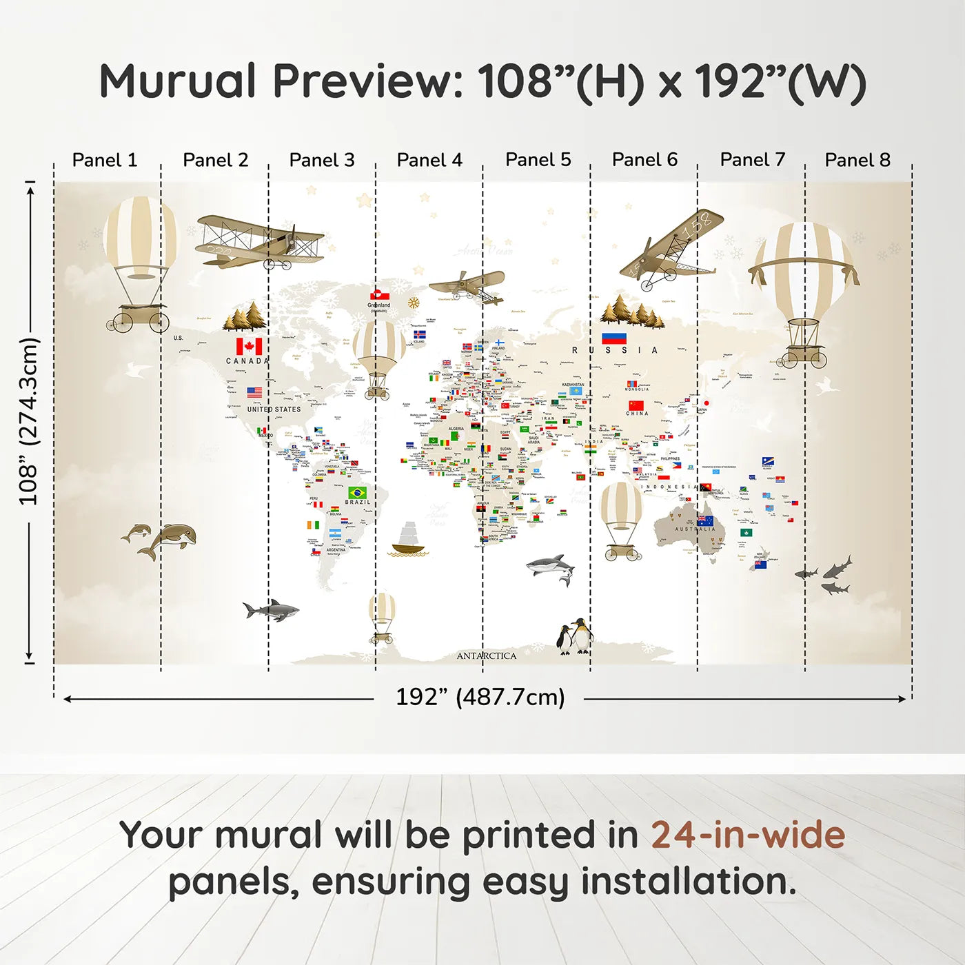 Whimsy Tots Vintage World Explorer Map Wall Muraldimension view (108" H x 192" W). Printed in eight 24-inch-wide panels. Gender-Neutral