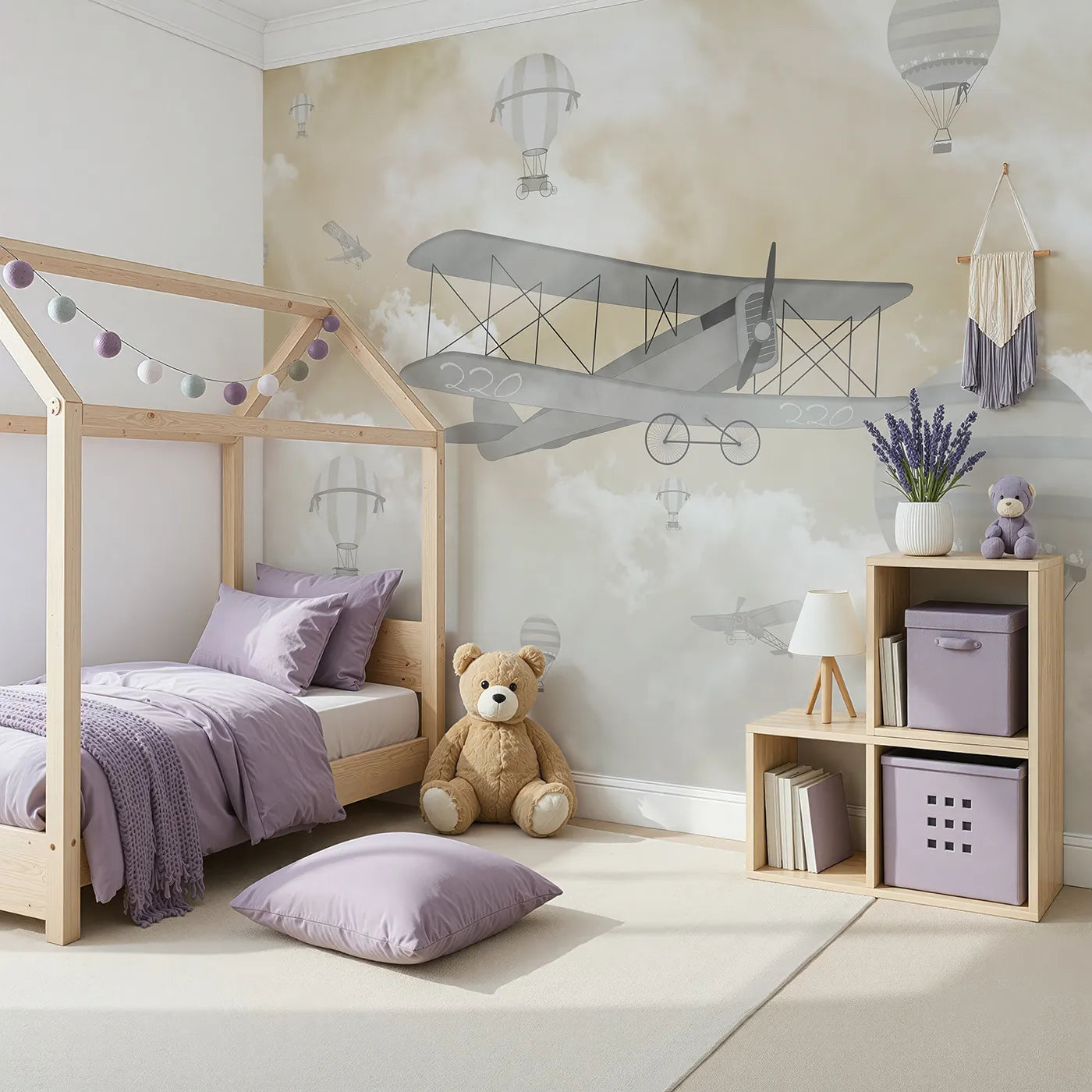 Angled view of Whimsy Tots' Misty Sky Fleet Wall Mural (Turn Their Room into a Dreamy, High-Flying Adventure).Gender-Neutral