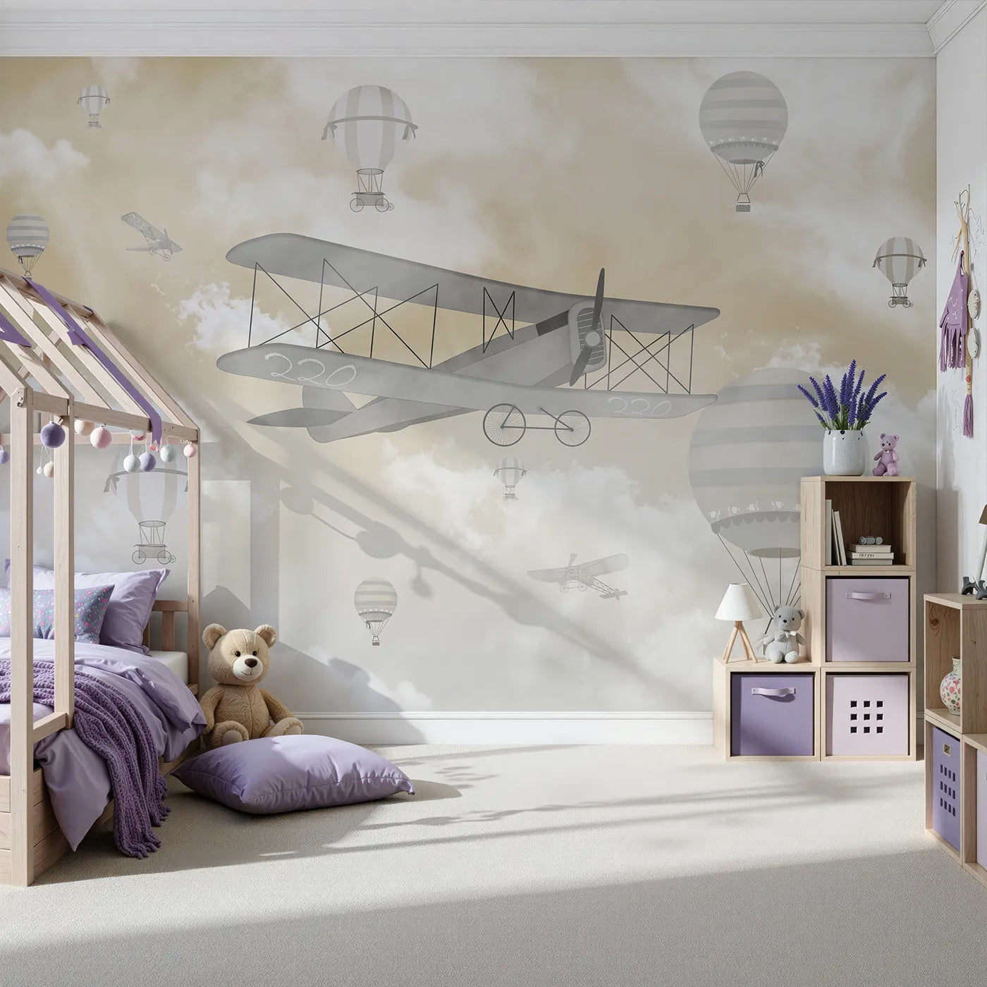 Front view of Whimsy Tots' Misty Sky Fleet Wall Mural