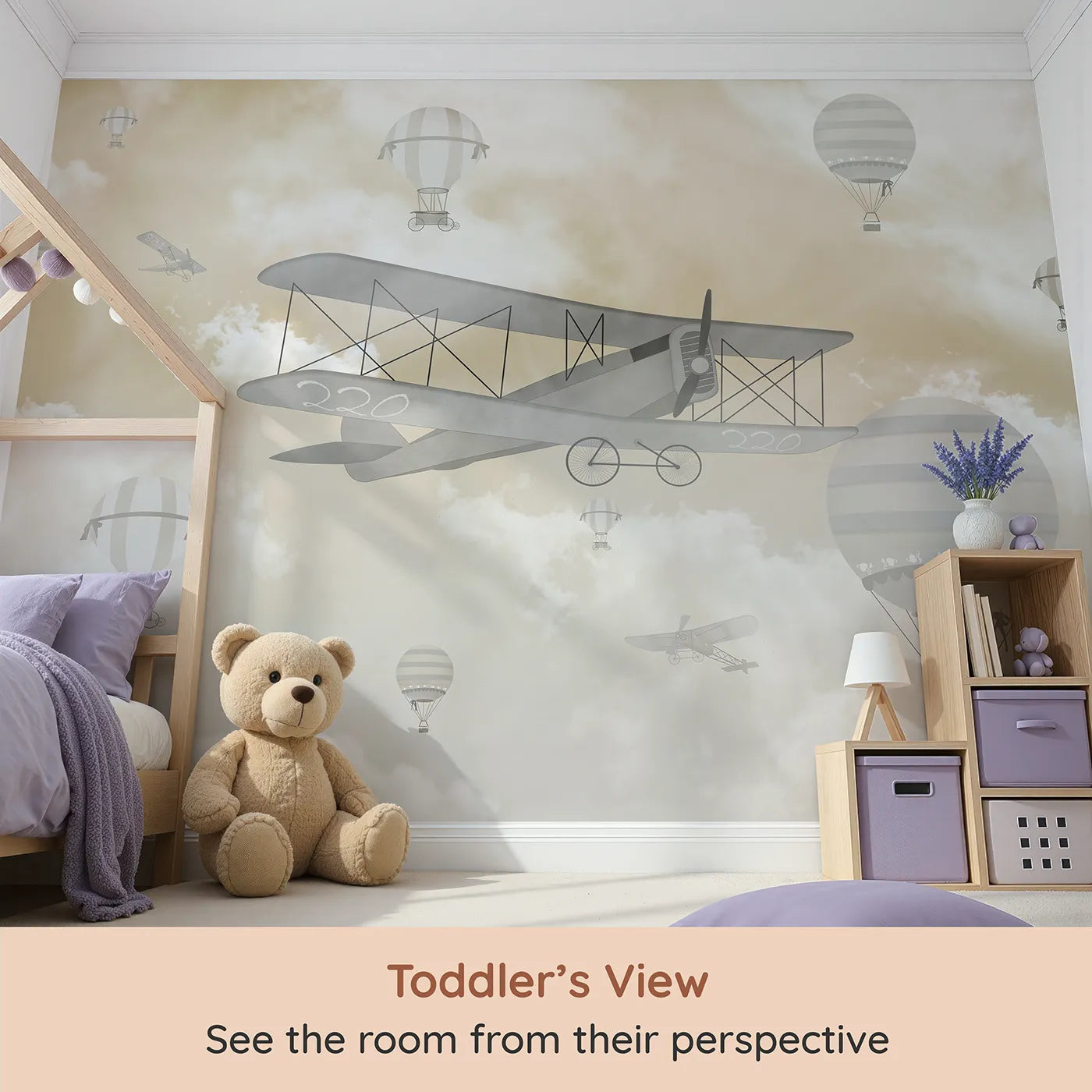 Whimsy Tots Misty Sky Fleet Wall Mural (Turn Their Room into a Dreamy, High-Flying Adventure) from your child's view.Gender-Neutral