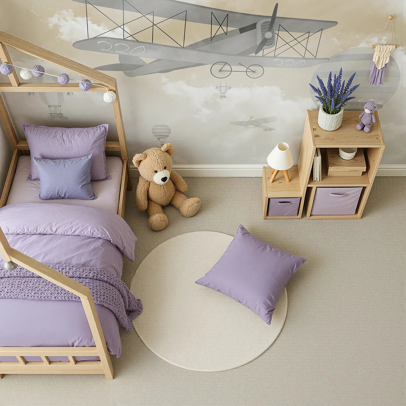 Top-down view of Whimsy Tots' Misty Sky Fleet Wall Mural (Turn Their Room into a Dreamy, High-Flying Adventure).Gender-Neutral