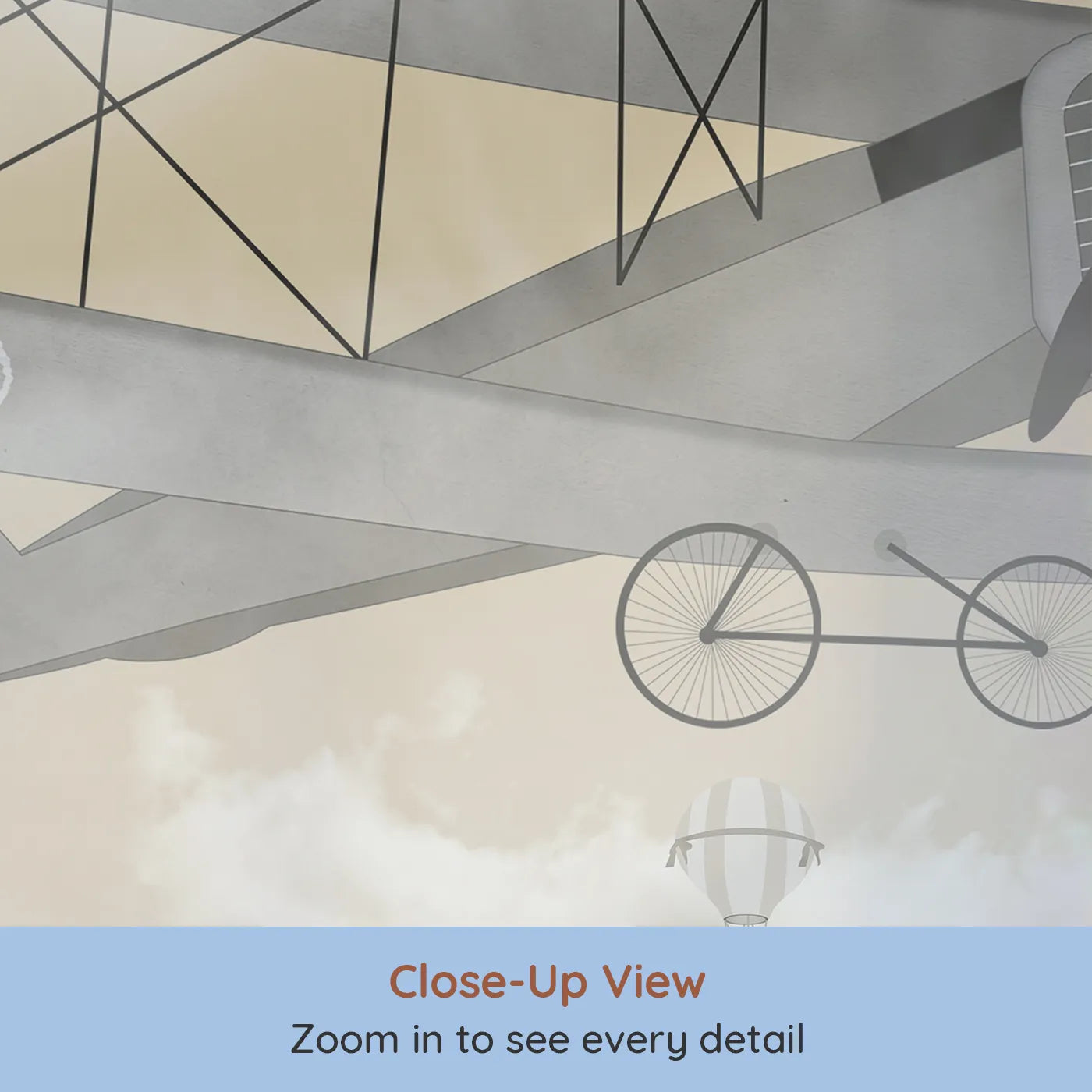 Close-up view of Whimsy Tots' Misty Sky Fleet Wall Mural (Turn Their Room into a Dreamy, High-Flying Adventure).Gender-Neutral