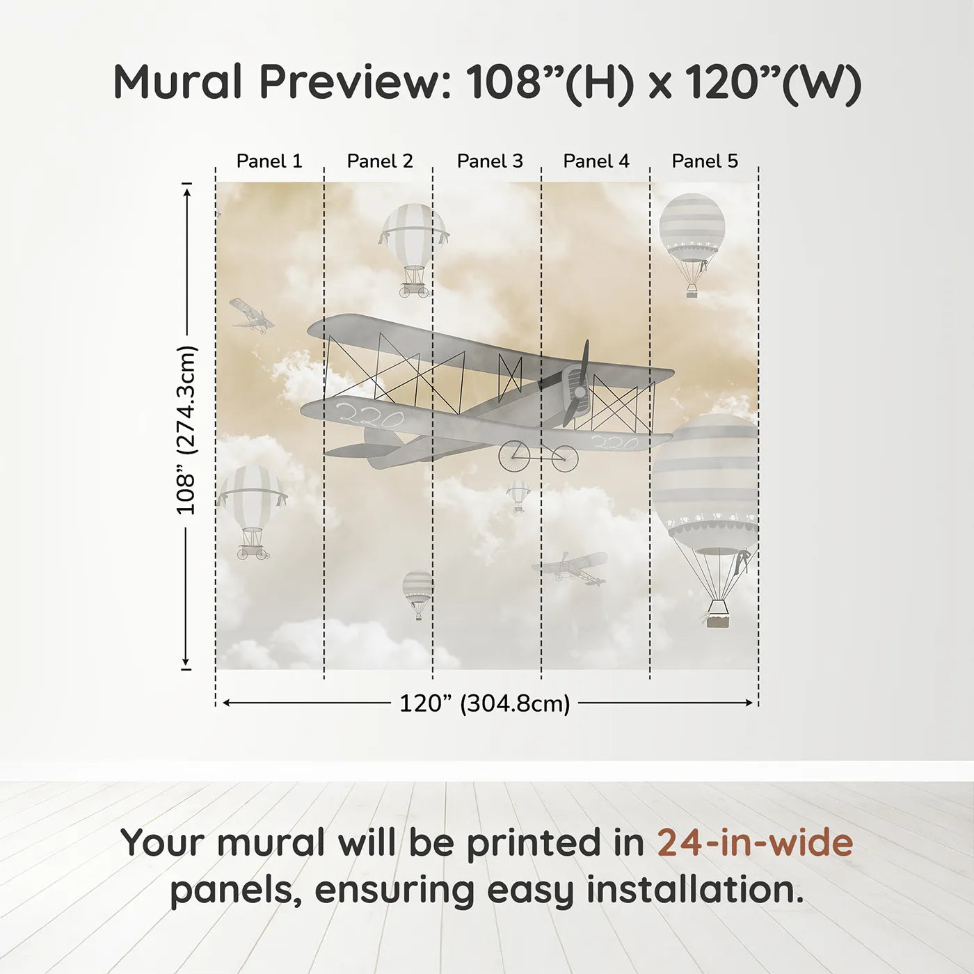 Whimsy Tots Misty Sky Fleet Wall Muraldimension view (108" H x 120" W). Printed in five 24-inch-wide panels. Gender-Neutral