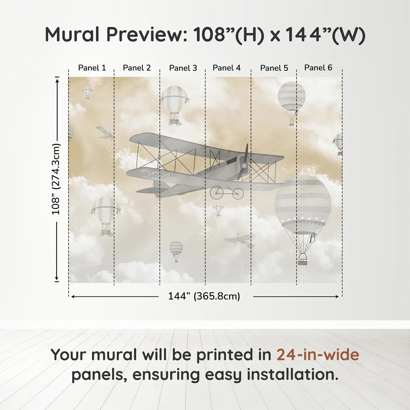 Whimsy Tots Misty Sky Fleet Wall Muraldimension view (108" H x 144" W). Printed in six 24-inch-wide panels. Gender-Neutral