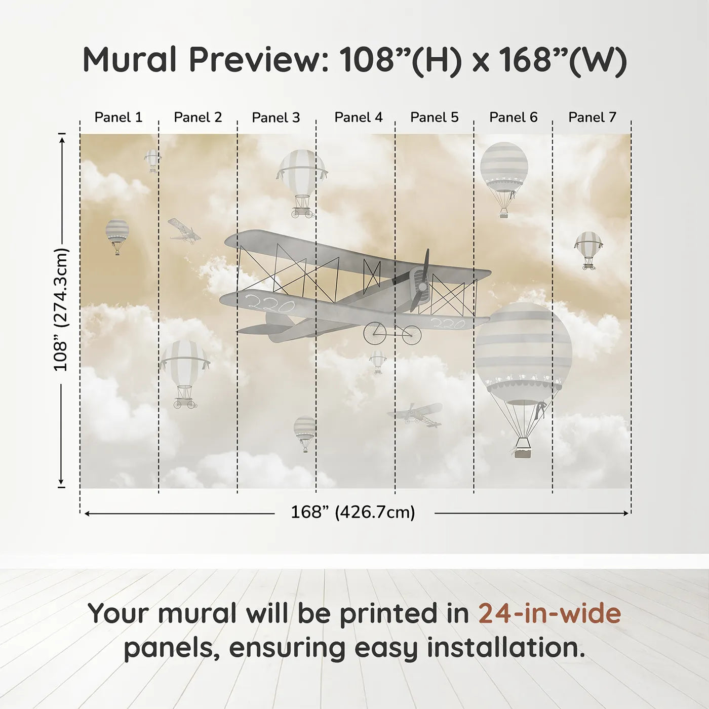 Whimsy Tots Misty Sky Fleet Wall Muraldimension view (108" H x 168" W). Printed in seven 24-inch-wide panels. Gender-Neutral