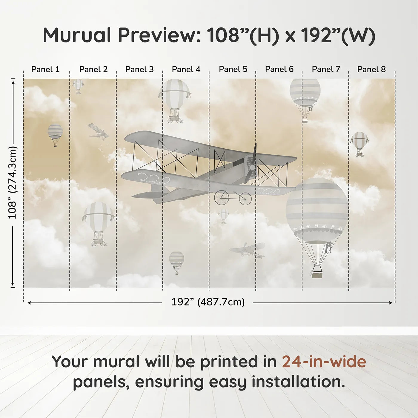 Whimsy Tots Misty Sky Fleet Wall Muraldimension view (108" H x 192" W). Printed in eight 24-inch-wide panels. Gender-Neutral