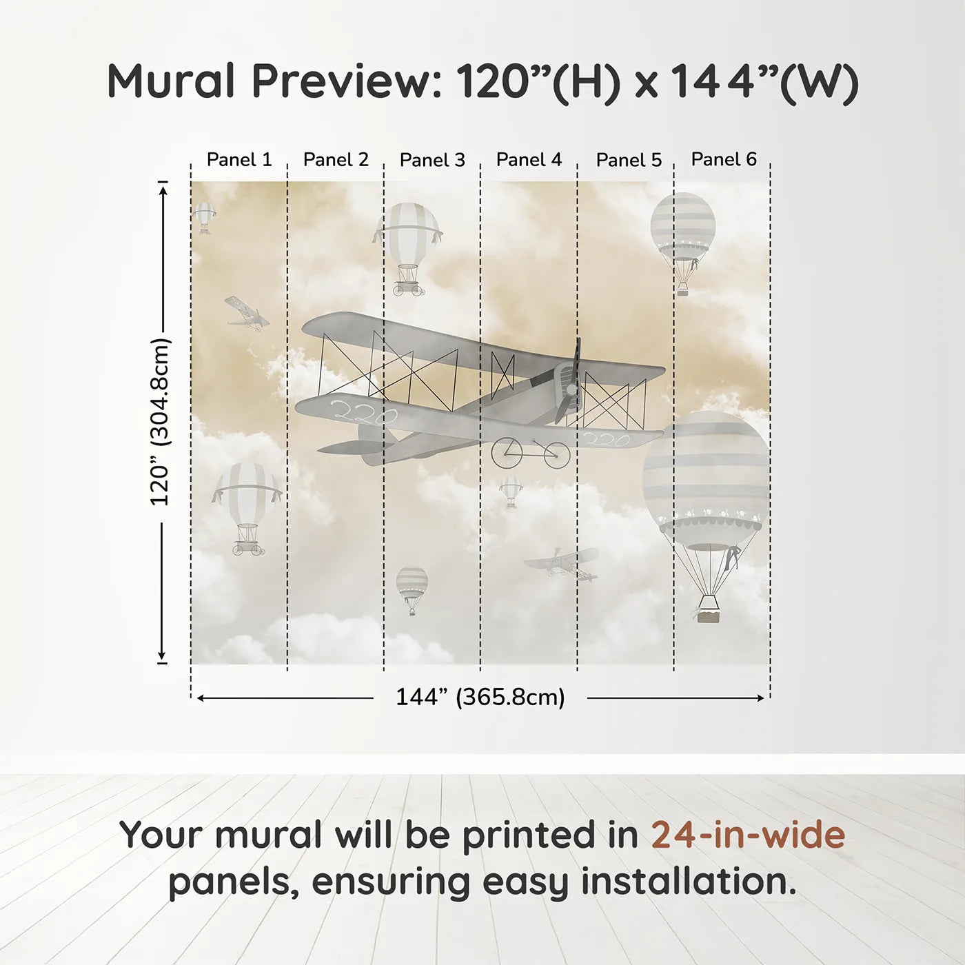 Whimsy Tots Misty Sky Fleet Wall Muraldimension view (120" H x 144" W). Printed in six 24-inch-wide panels. Gender-Neutral