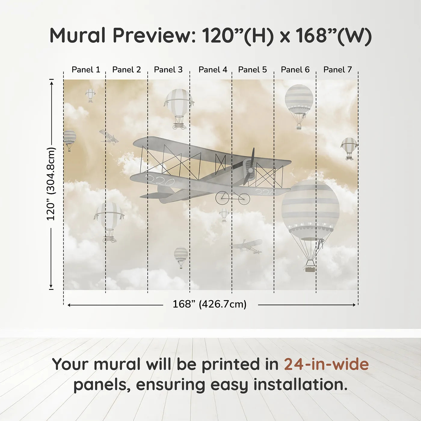 Whimsy Tots Misty Sky Fleet Wall Muraldimension view (120" H x 168" W). Printed in seven 24-inch-wide panels. Gender-Neutral