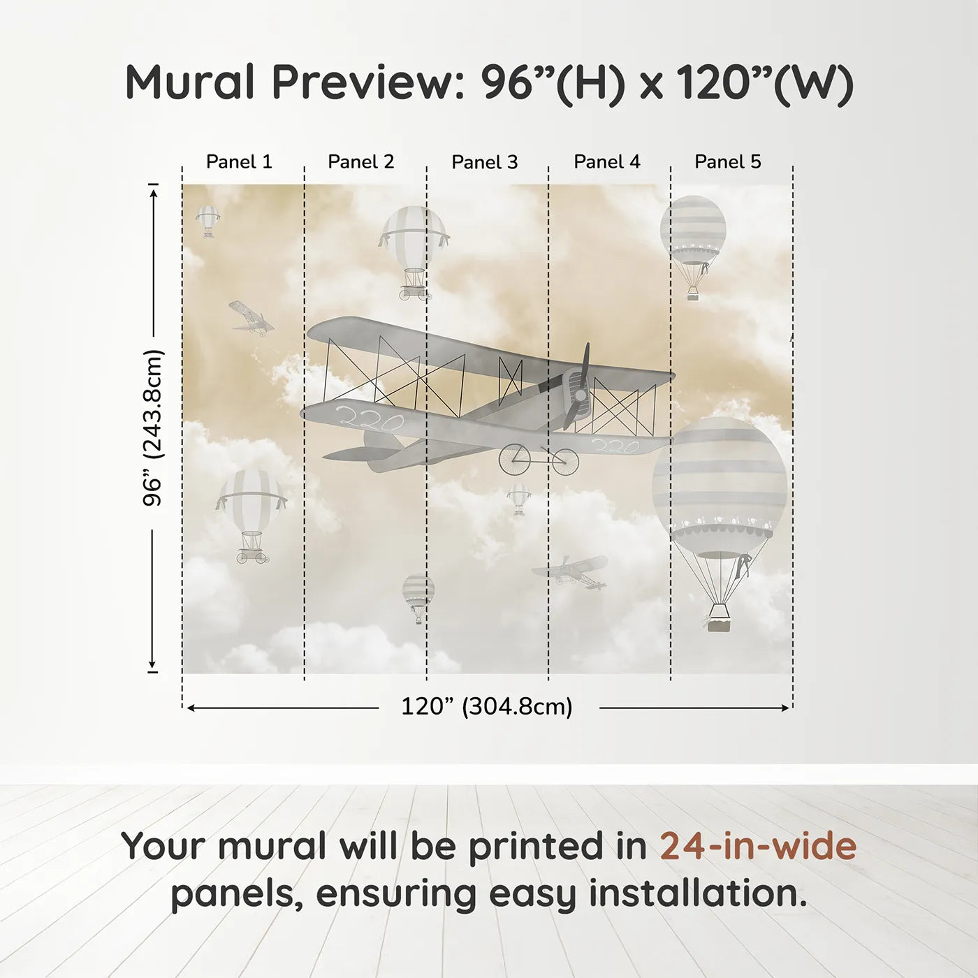 Whimsy Tots Misty Sky Fleet Wall Muraldimension view (96" H x 120" W). Printed in five 24-inch-wide panels. Gender-Neutral