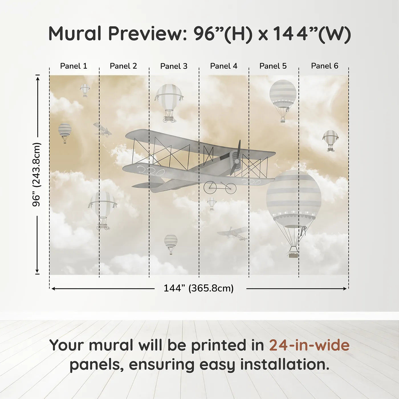 Whimsy Tots Misty Sky Fleet Wall Muraldimension view (96" H x 144" W). Printed in six 24-inch-wide panels. Gender-Neutral