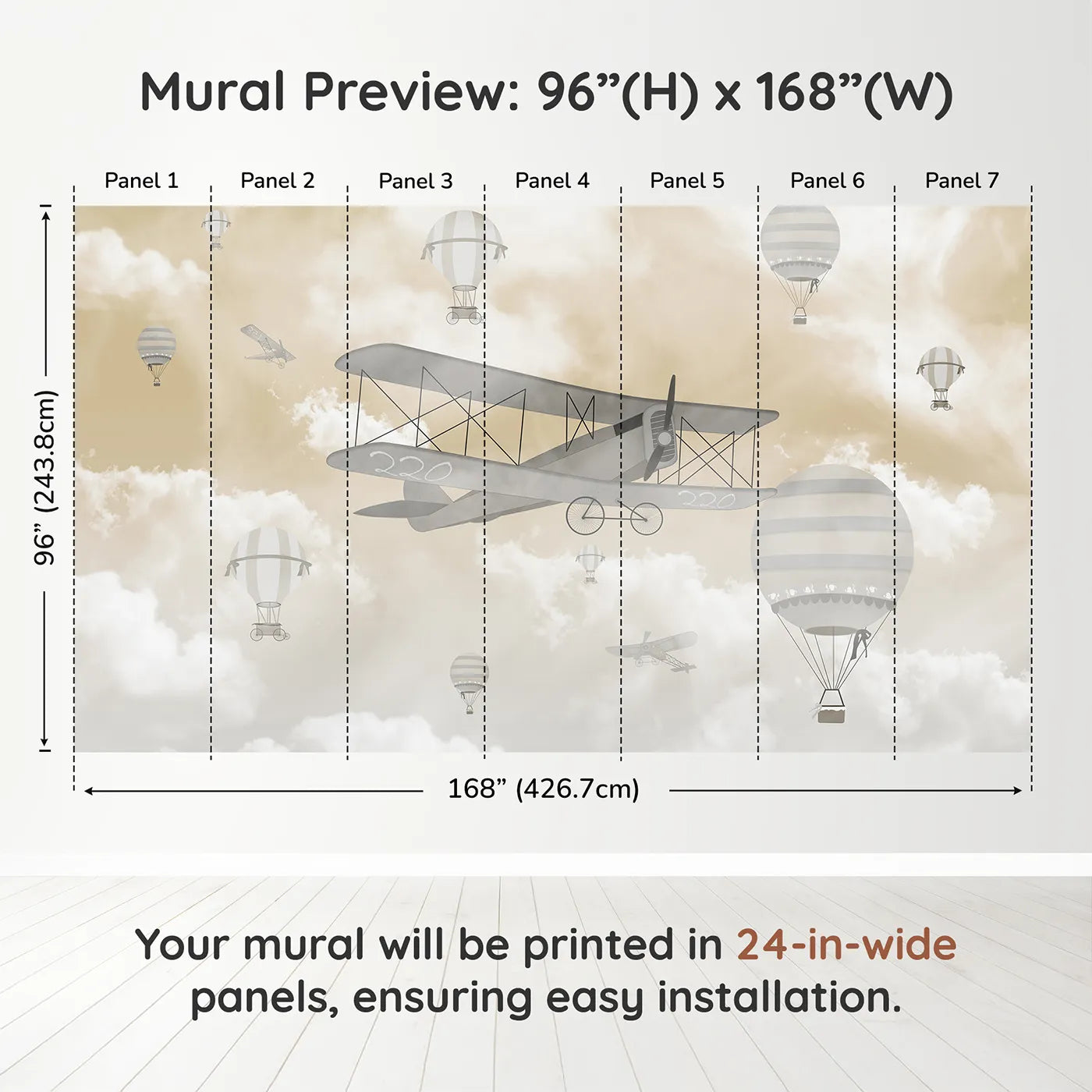 Whimsy Tots Misty Sky Fleet Wall Muraldimension view (96" H x 168" W). Printed in seven 24-inch-wide panels. Gender-Neutral